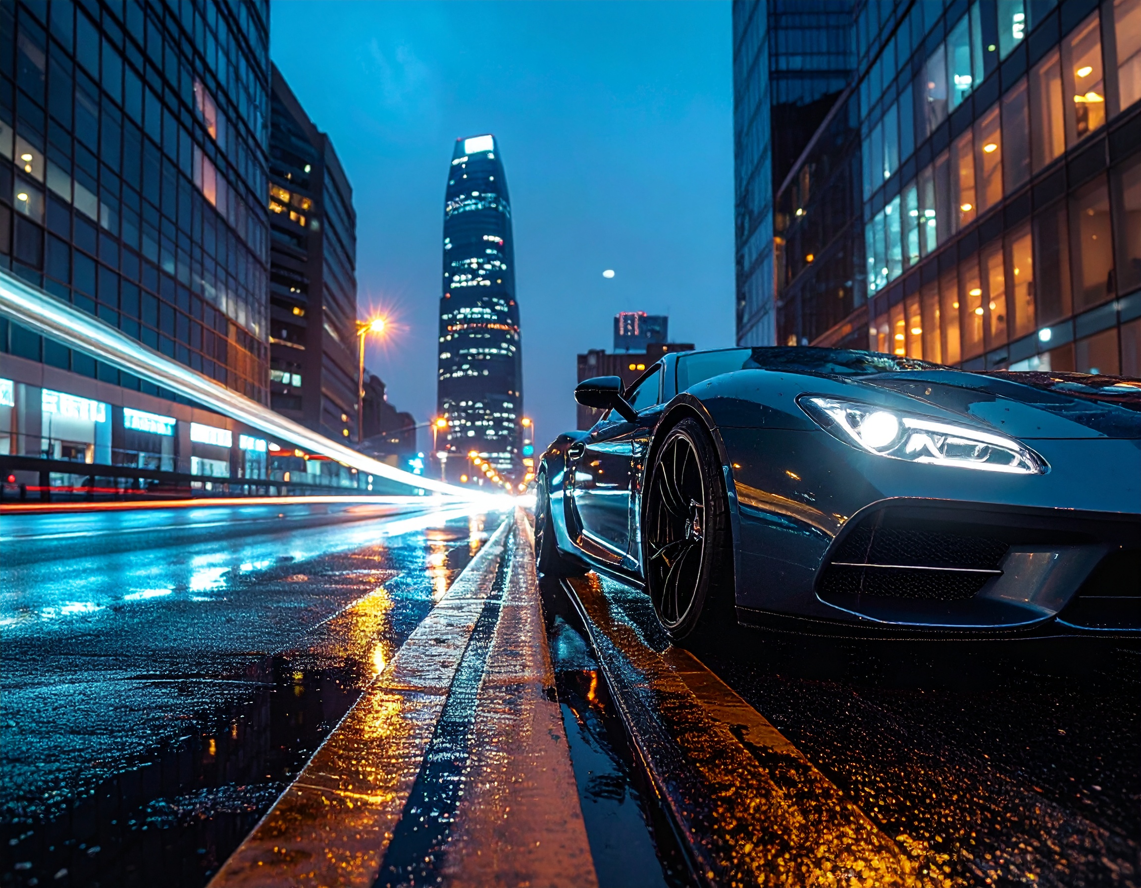 A sleek sports car navigates a wet city street at night, surrounded by towering skyscrapers
