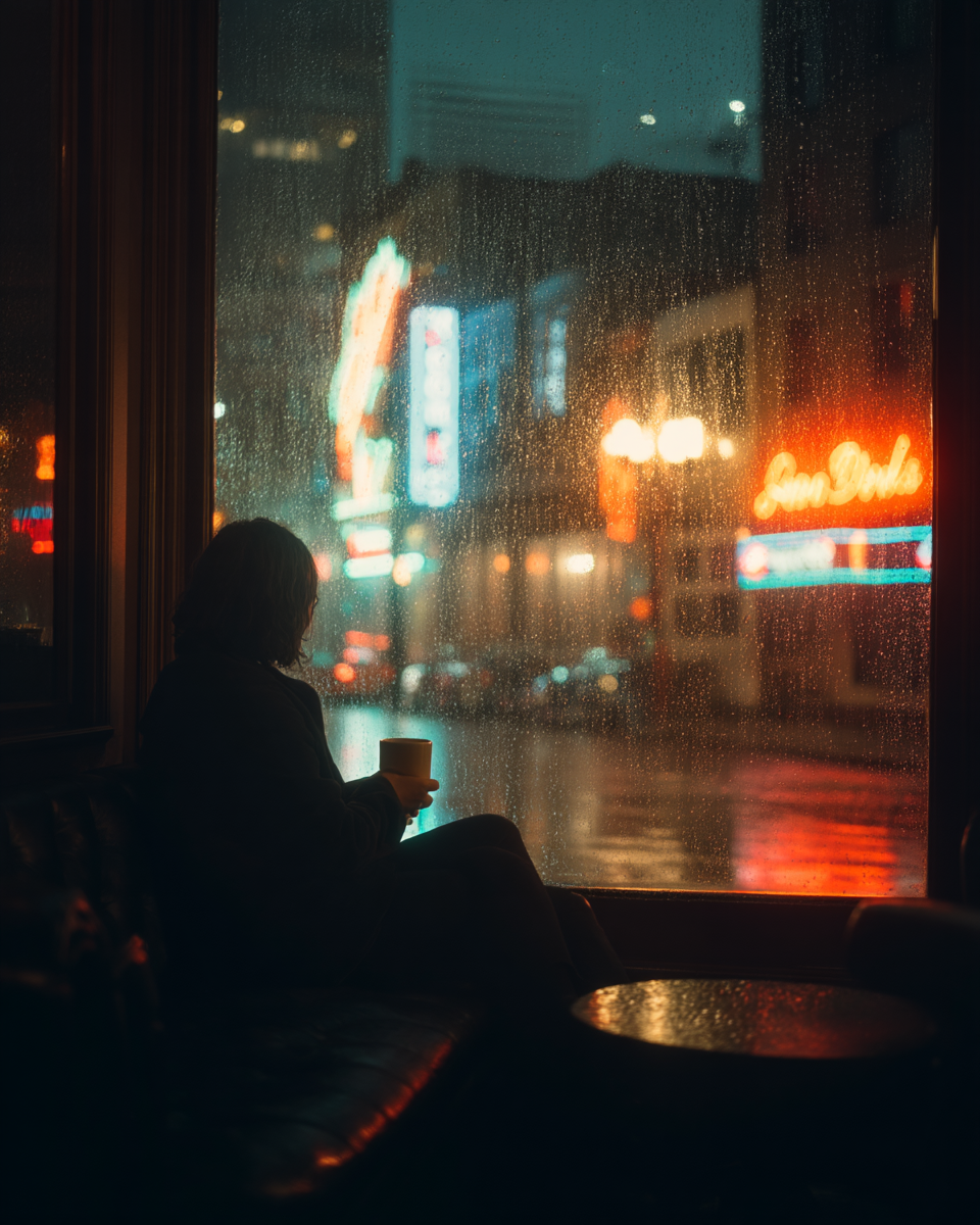 A imagem captura uma cena noturna através de uma janela embaçada pela chuva. A paleta de cores é dominada por azuis profundos e tons quentes de laranja e vermelho das luzes da cidade. A composição é centrada em uma figura que se senta em um sofá escuro, segurando uma bebida quente, enquanto o fundo revela uma rua iluminada com letreiros luminosos. A textura da chuva na janela adiciona uma camada de profundidade e ambiência à cena.