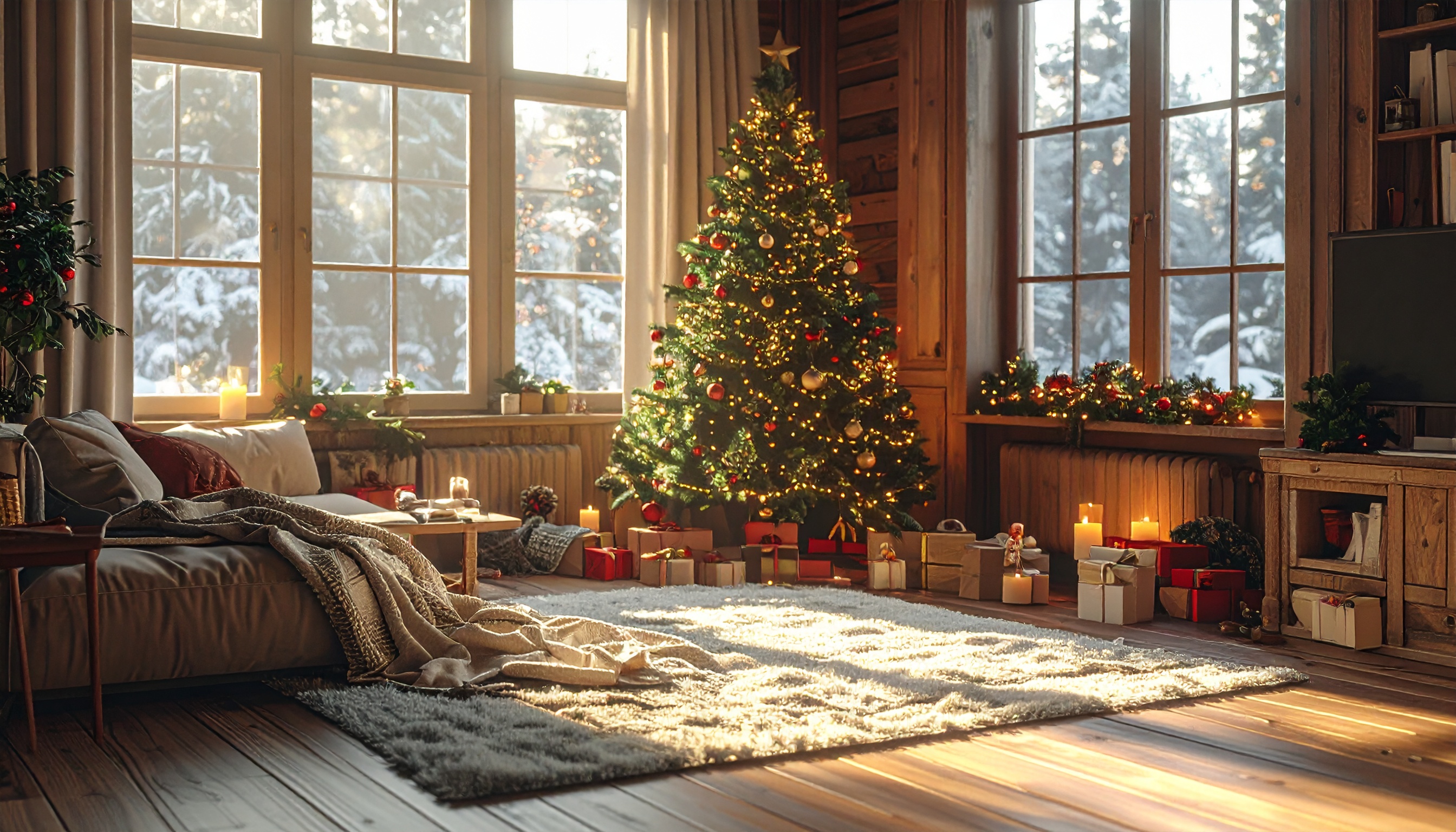 Cozy Living Room with Christmas Decor and Snowy View