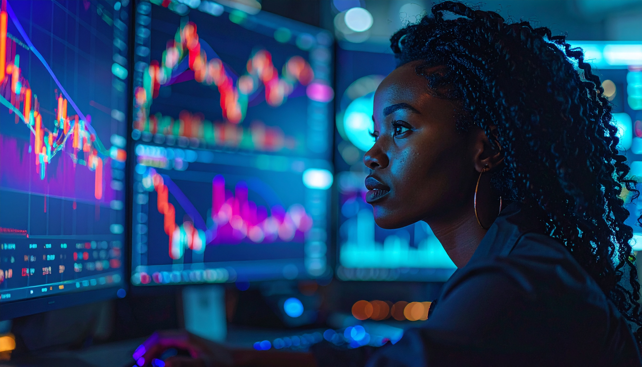 Focused Woman Analyzing Stock Charts on Multiple Monitors