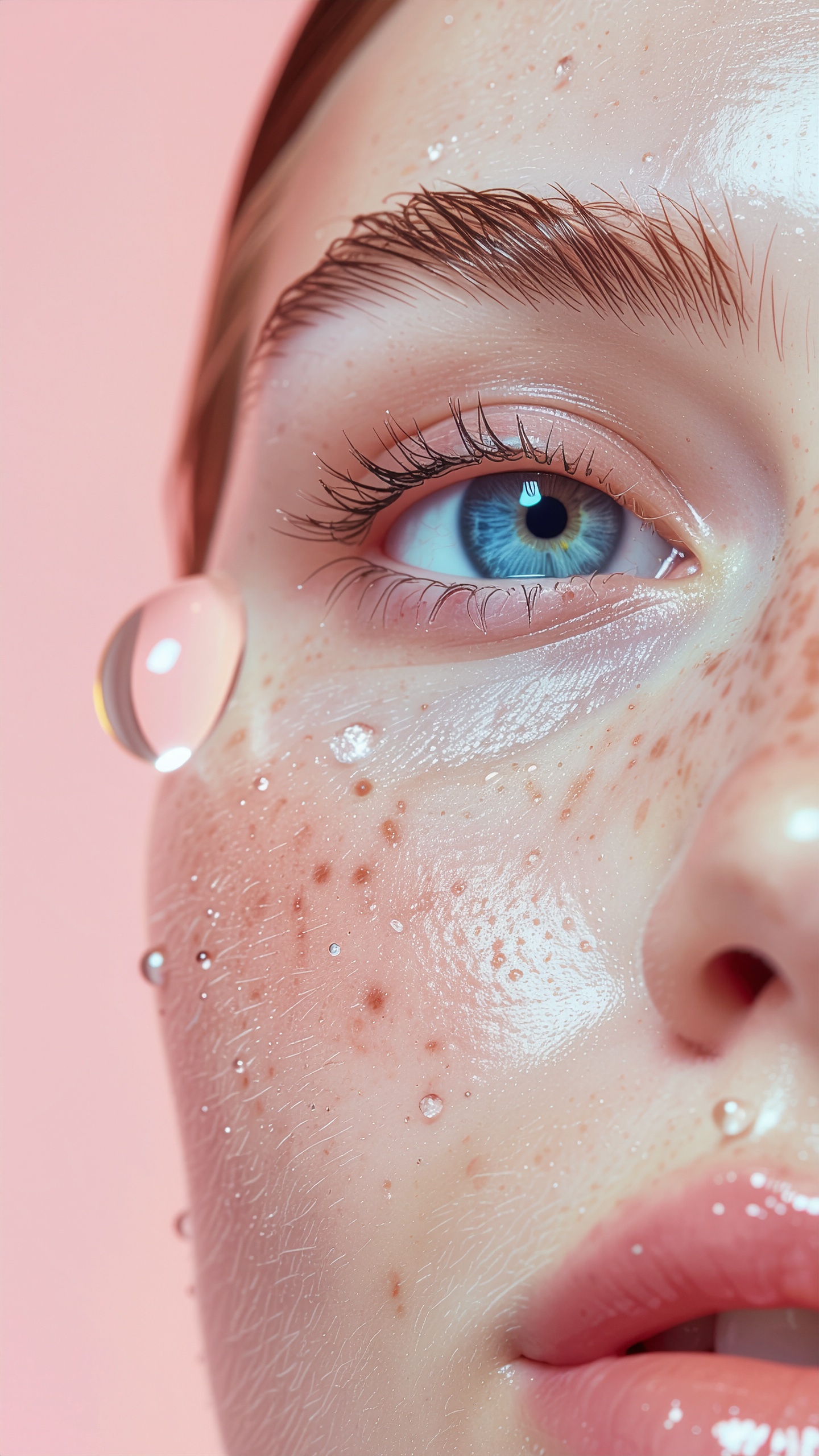Close-up of Freckled Skin with Droplets