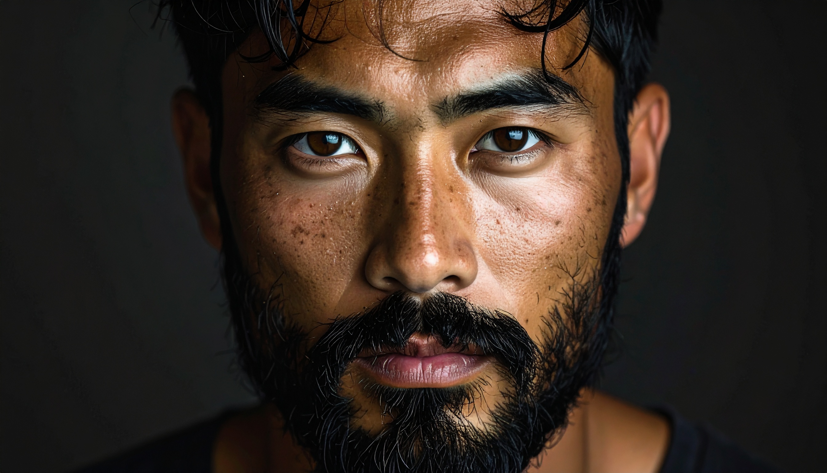 A close-up portrait features a man with a focused expression, showcasing detailed facial features