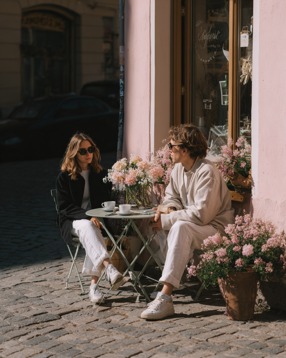 Casal desfrutando de café em uma charmosa cafeteria ao ar livre, cercado por flores rosas e um ambiente urbano tranquilo. O homem e a mulher estão vestidos de maneira casual, sentados em cadeiras de metal em uma mesa pequena.