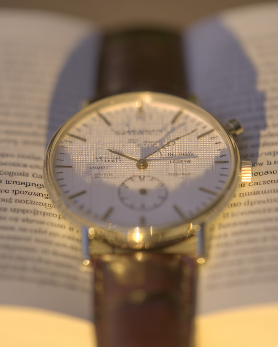 Um relógio de pulso clássico com mostrador dourado repousa sobre as páginas de um livro aberto, capturando a essência do tempo e literatura em uma atmosfera calorosa e elegante.
