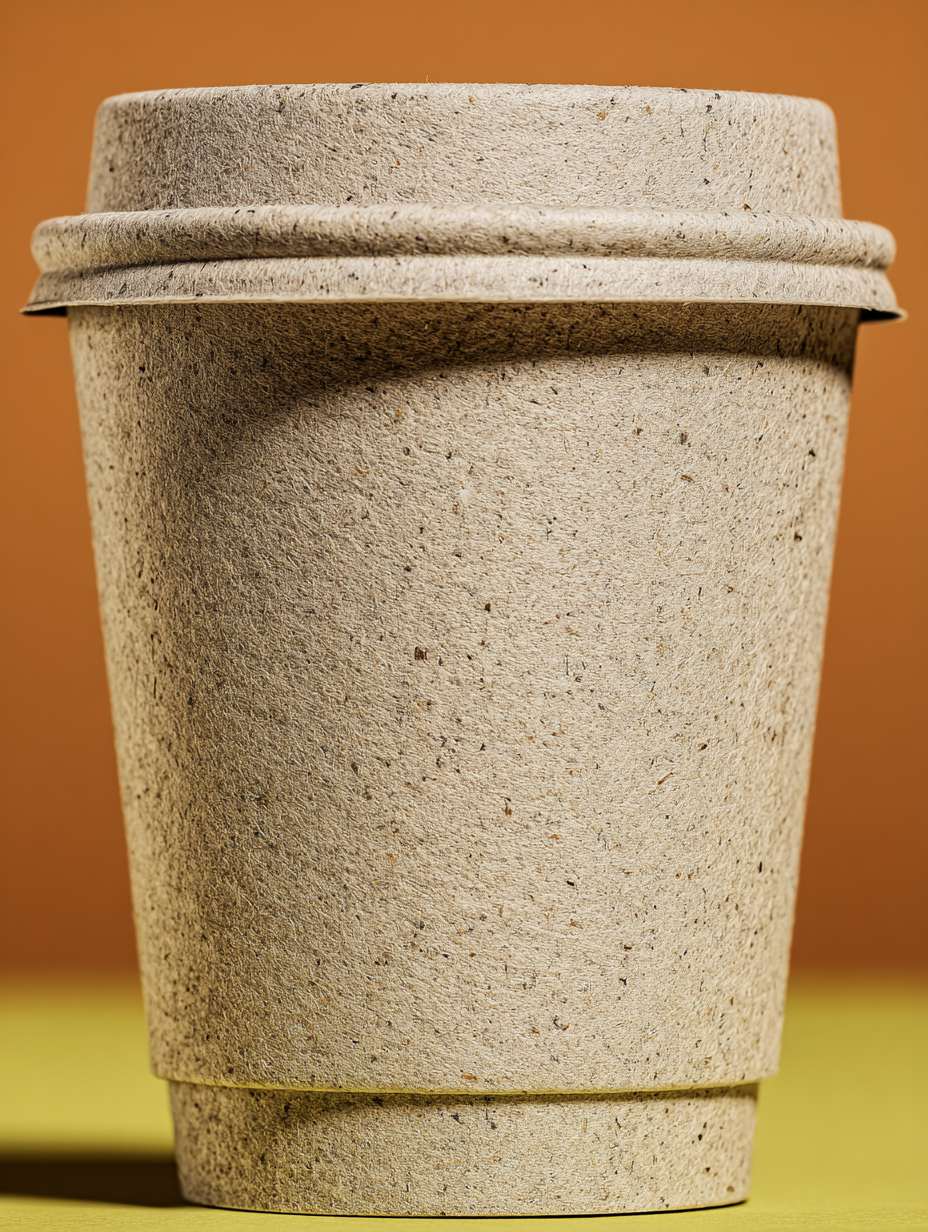 Copo de papel reciclável em close-up com textura visível, destacado por uma iluminação clara em fundo laranja e superfície amarela. A imagem enfatiza a sustentabilidade e o design funcional, com foco preciso no objeto e uma composição simplista que ressalta suas características ecológicas.
