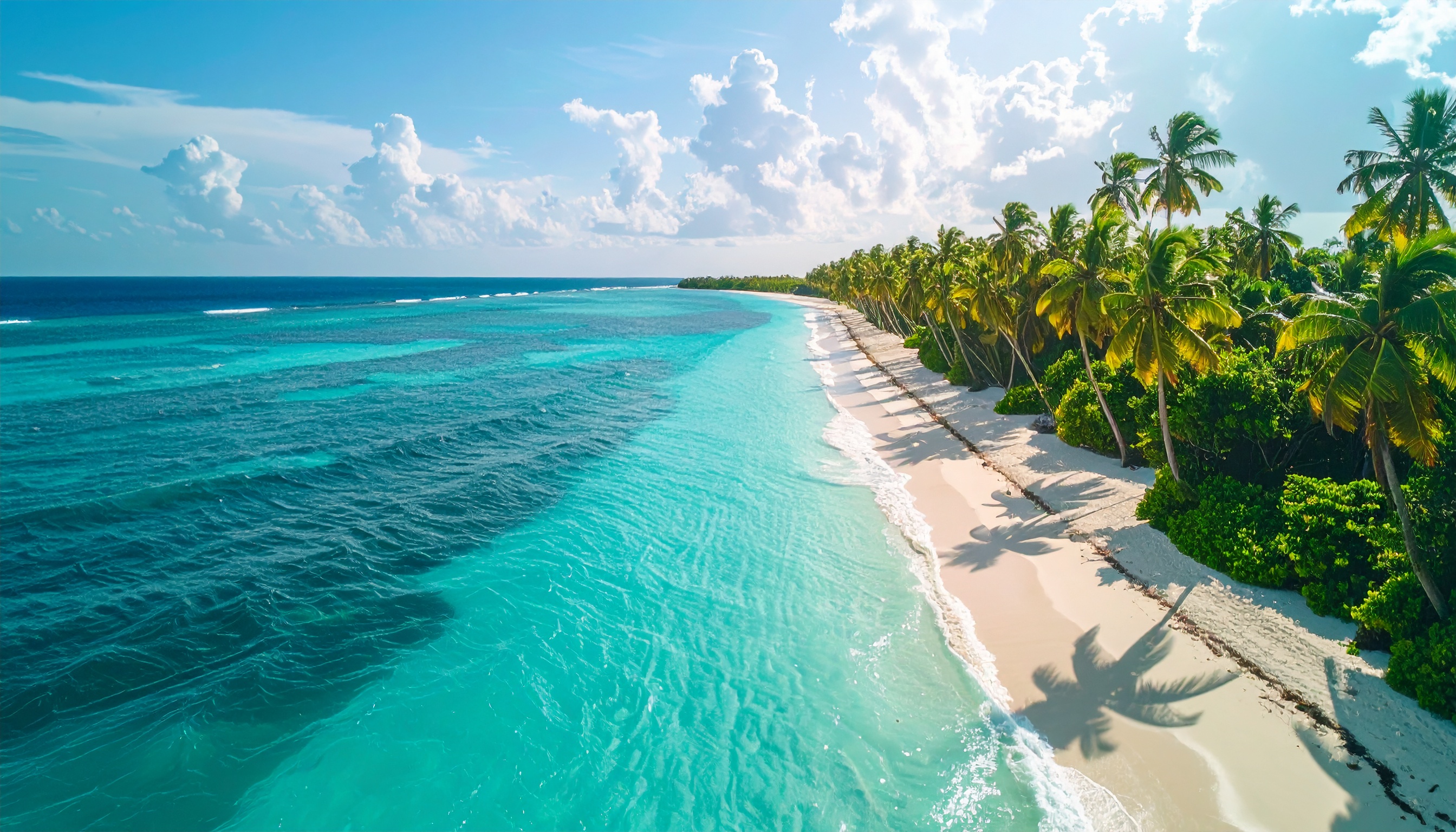 Paisagem litorânea paradisíaca com mar de águas turquesas cristalinas, praia de areia branca e coqueiros altos sob céu azul claro e poucas nuvens, atmosfera tropical e serena, perspectiva aérea mostrando a vastidão do oceano em equilíbrio perfeito com a natureza exuberante.