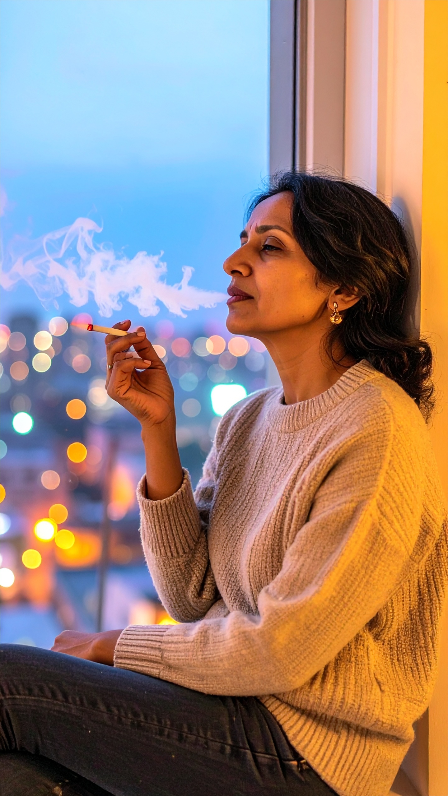 A woman sits by the window enjoying a cigarette against a backdrop of city lights