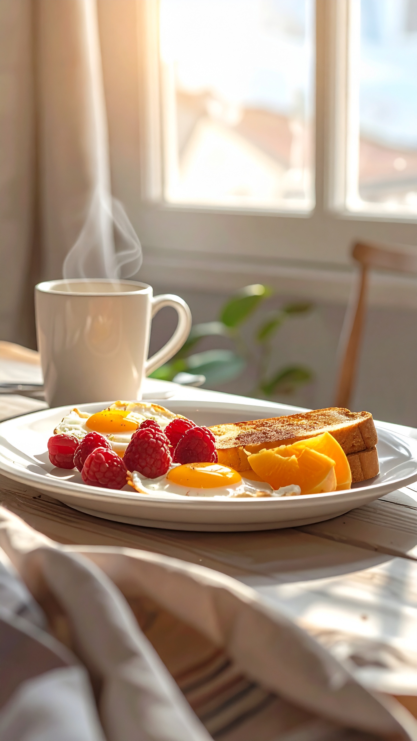 A breakfast plate with sunny-side-up eggs, raspberries, and toast captures the essence of a cozy