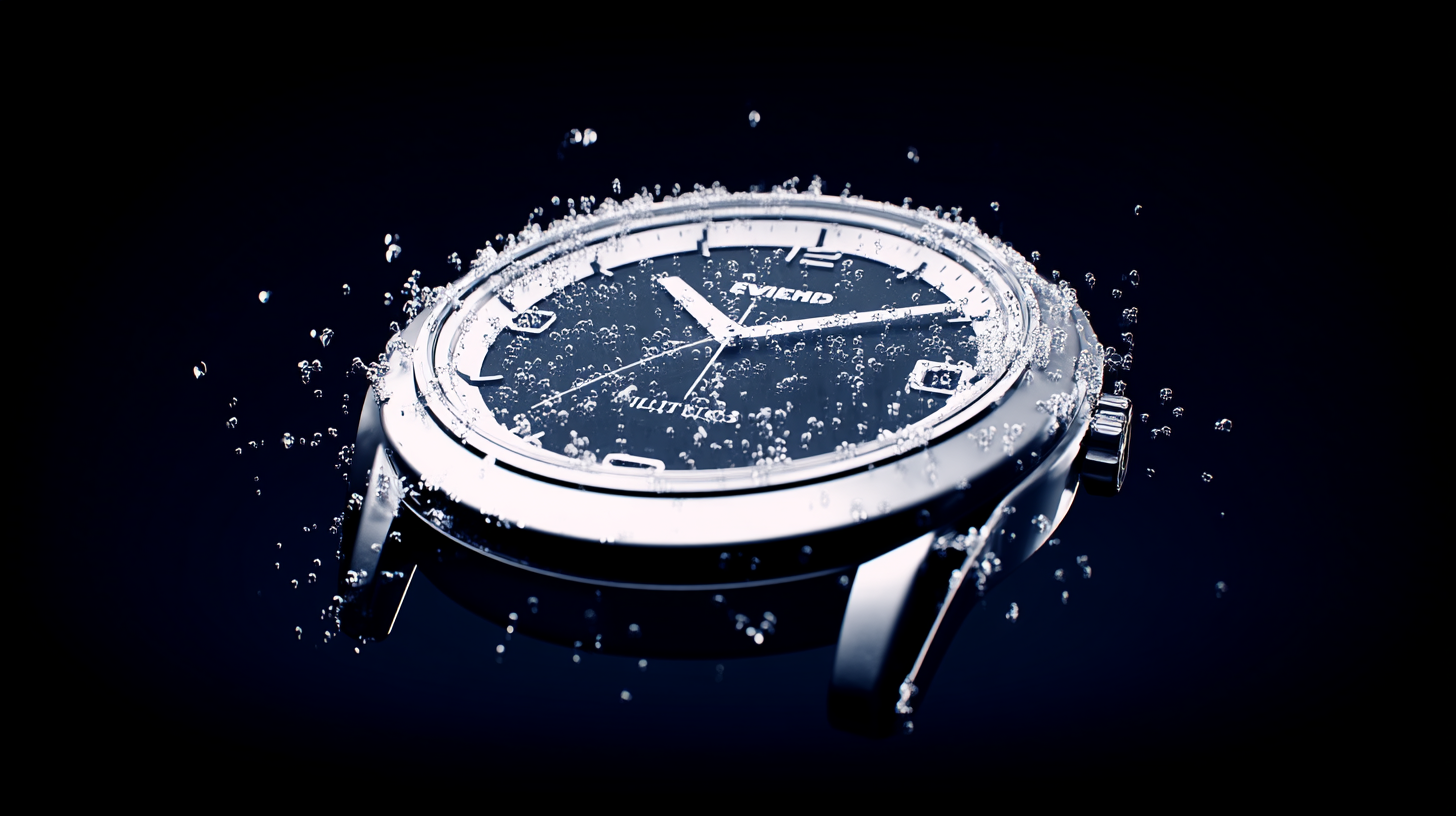 Relógio elegante submerso em água, capturado em close-up com iluminação suave destacando seu mostrador azul e detalhes metálicos. Pequenas bolhas de ar circundam o relógio, criando uma sensação de leveza e movimento. O fundo escuro contrasta com o brilho prateado, enfatizando a qualidade de luxo do design. A composição é minimalista, com foco nítido nos detalhes intrincados do mostrador e dos ponteiros.