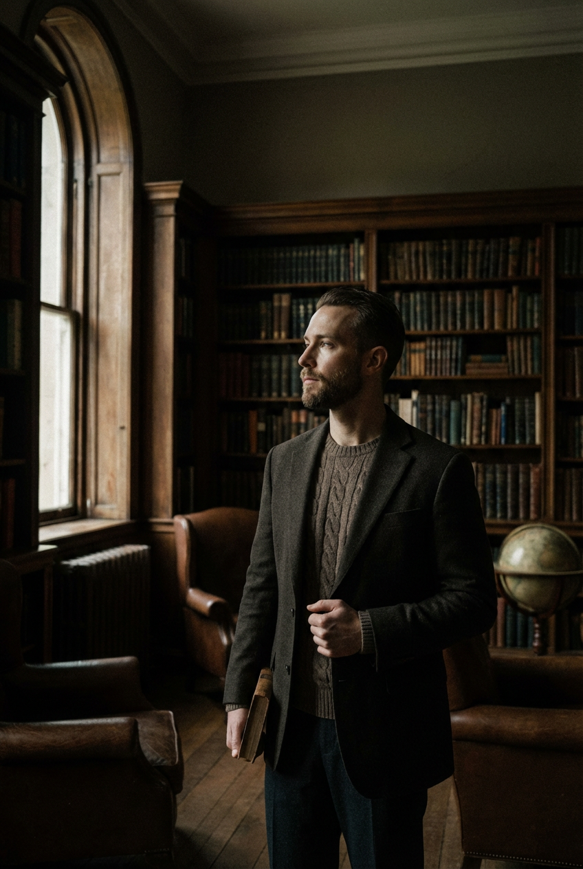 A man in a brown blazer stands contemplatively in a vintage library