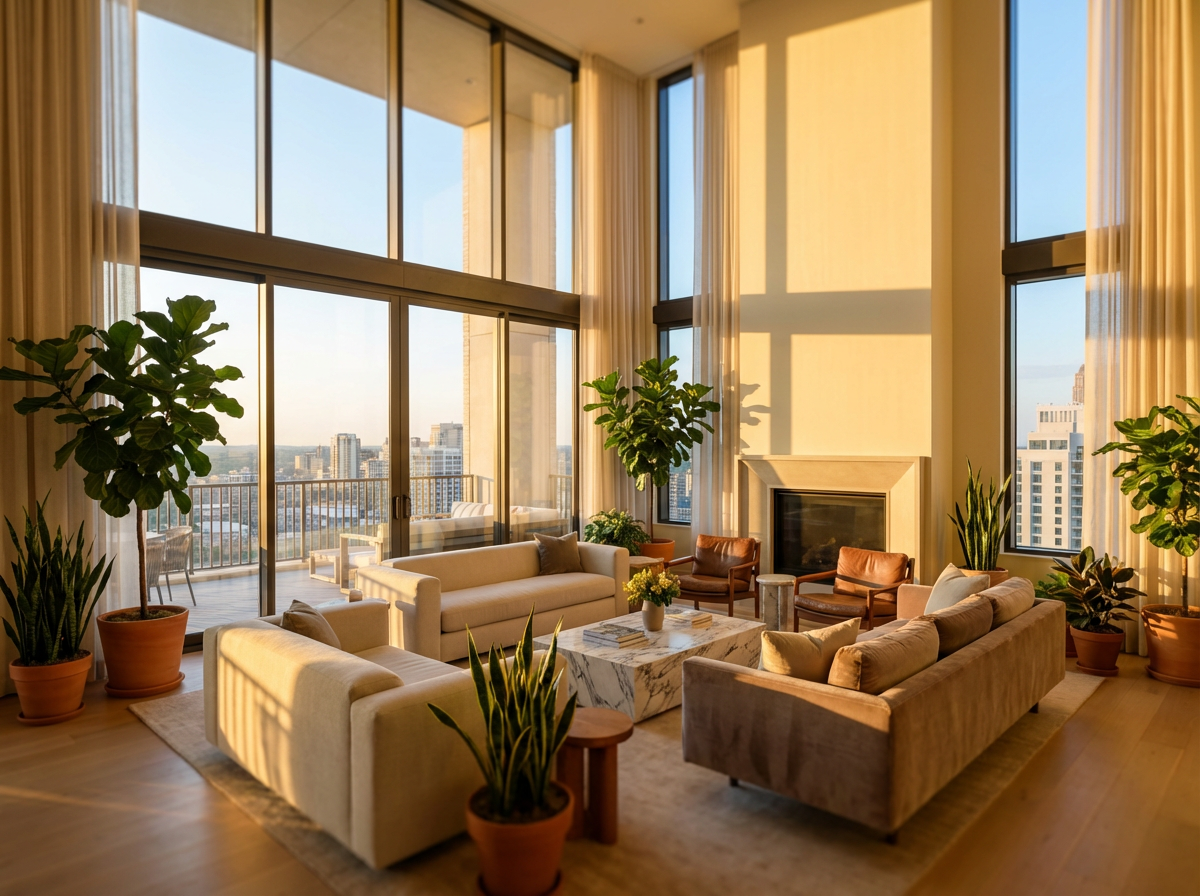 A luxurious modern living room with floor-to-ceiling windows overlooks a cityscape