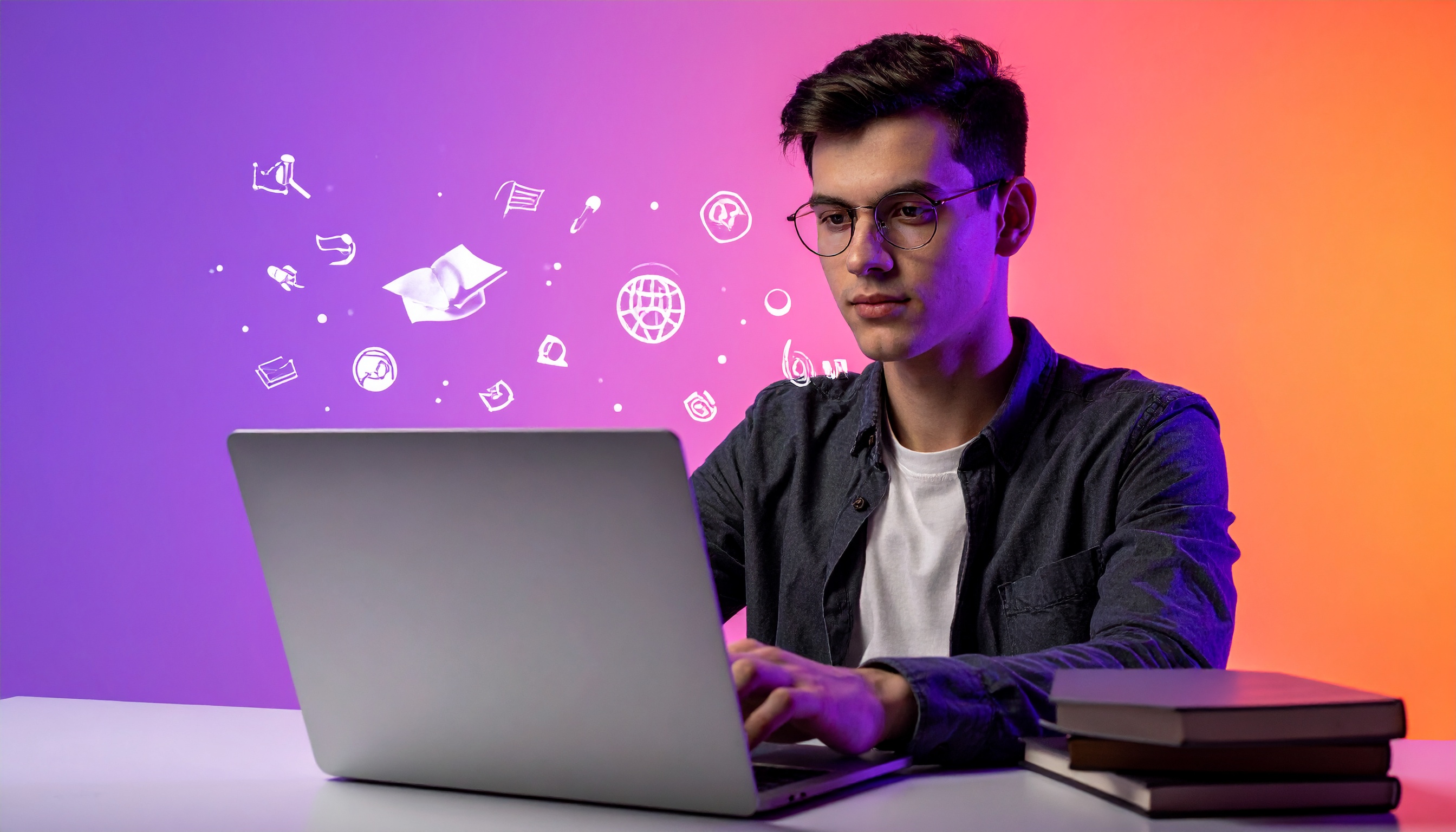 Um jovem trabalha concentrado em um laptop prateado, cercado por ícones digitais flutuantes. A cena sugere um ambiente de aprendizado ou desenvolvimento de habilidades digitais, ideal para quem busca aprimorar conhecimentos online. O fundo em degradê combina tons de roxo e laranja, criando um ambiente moderno e inspirador. Este tipo de imagem é perfeito para campanhas de marketing de cursos online ou tecnologia educacional. Além disso, destaca-se pela representação visual do conceito de conectividade digital.