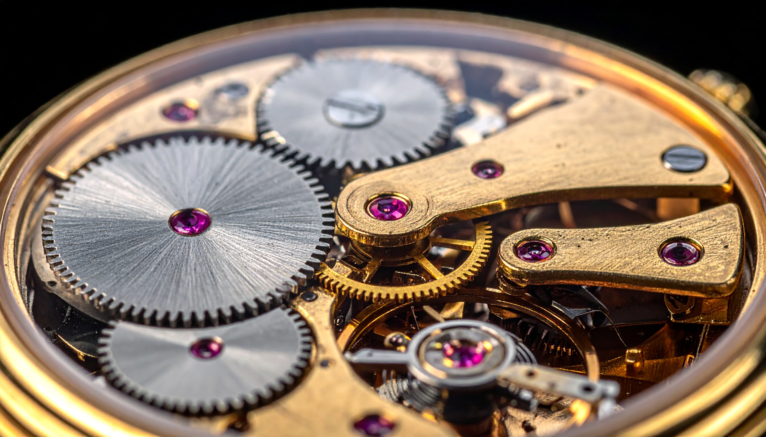 Intricate watch movement showcasing golden gears and ruby jewels