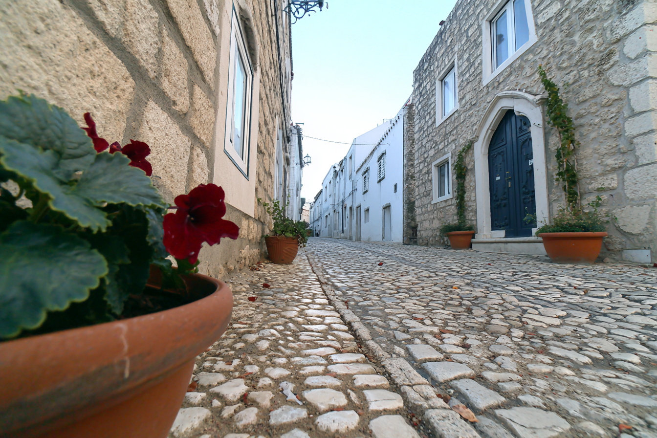 Rua estreita de paralelepípedos com vasos de flores vermelhas em primeiro plano, fachadas de pedra e portas azuis, criando uma atmosfera tranquila e charmosa de vila antiga. A perspectiva baixa destaca o caminho sinuoso, com iluminação suave e céu claro ao fundo.