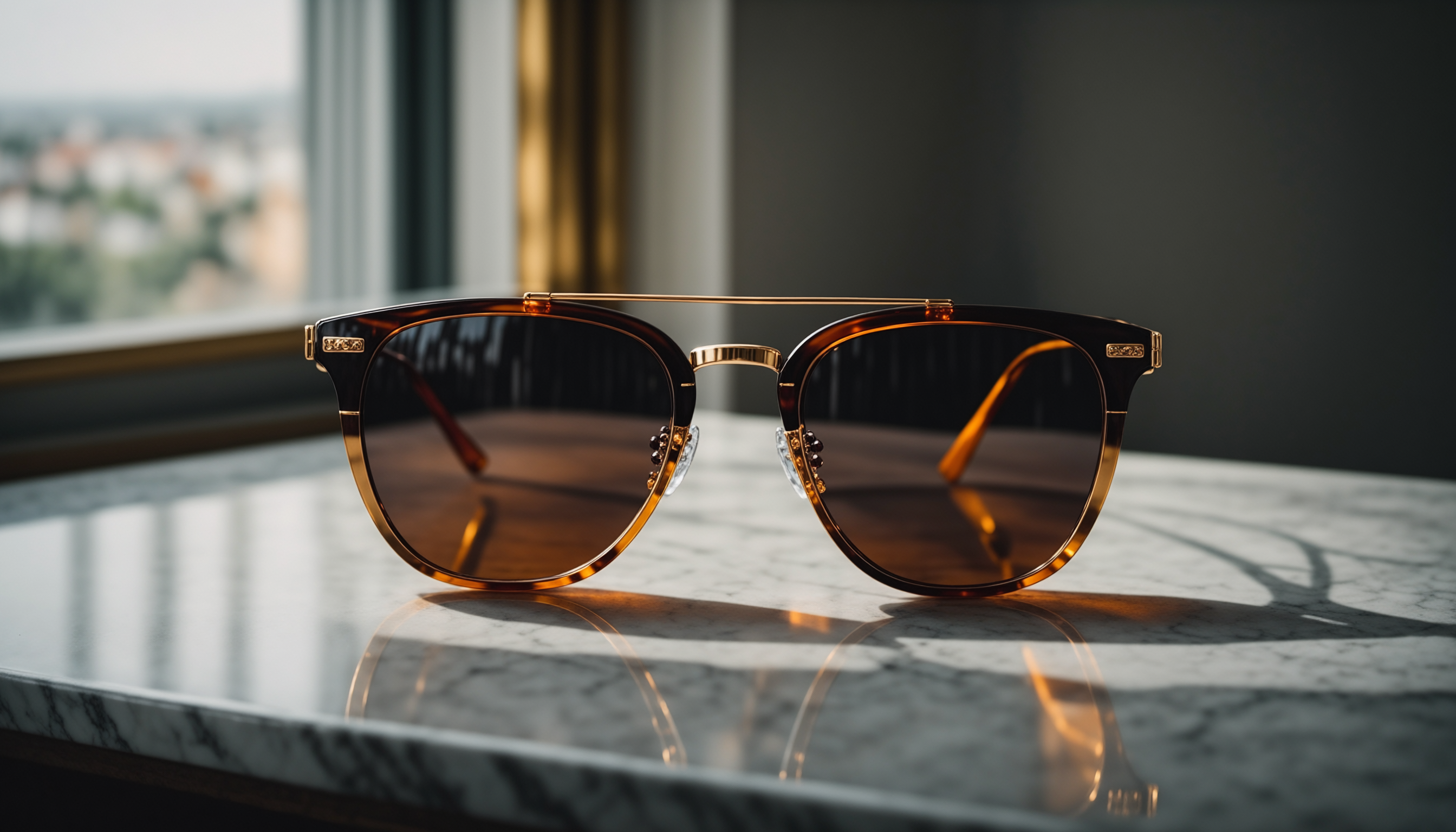 Óculos de sol com armação marrom translúcida e lentes escuras sobre mesa de mármore, refletindo luz suave em ambiente sofisticado e moderno.