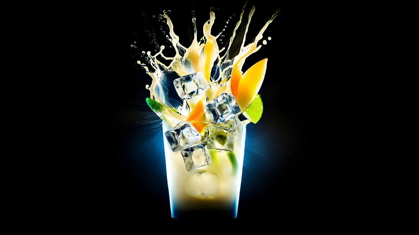 A imagem apresenta um copo transparente com uma mistura de líquidos e frutas, destacando uma explosão dinâmica de líquidos e gelo. As cores predominantes incluem tons de amarelo e verde, com um fundo escuro que realça a luminosidade do líquido. A composição é centrada no copo, com elementos de movimento que criam uma sensação de frescor e energia.