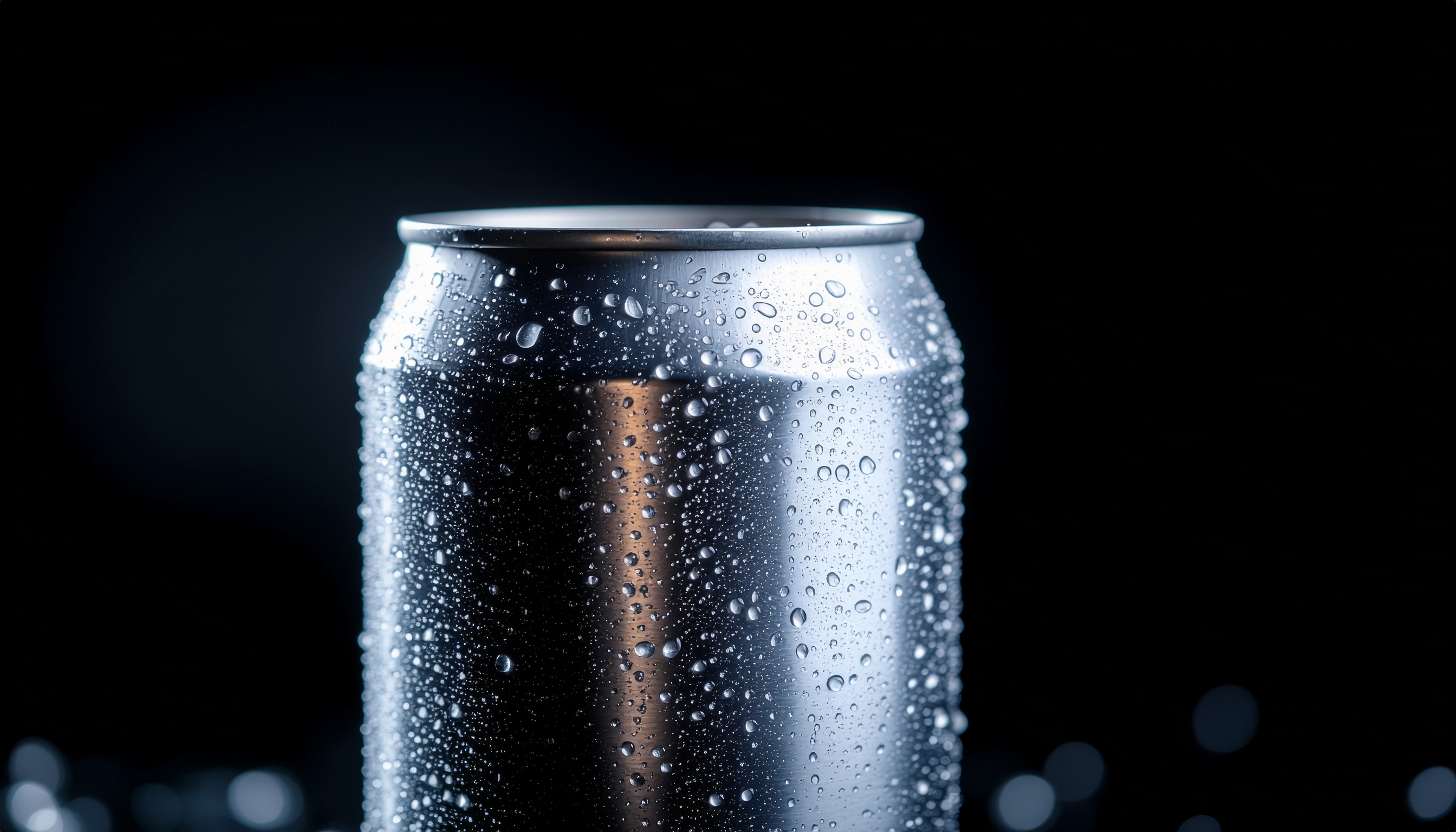 Imagem de uma lata de alumínio coberta de gotas de água, destacando sua superfície metálica brilhante e refrescante. Ideal para bebidas geladas, como refrigerantes, cervejas ou energéticos. O design moderno e elegante da lata, combinado com o brilho das gotas, transmite uma sensação de frescor e qualidade. Este produto é perfeito para quem busca uma experiência de consumo refrescante e visualmente atraente. A iluminação e o fundo escuro realçam os detalhes da lata, tornando-a um destaque em qualquer prateleira.