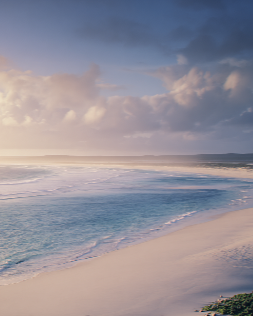 Paisagem litorânea deslumbrante ao entardecer com areia branca e mar azul cristalino. O céu está repleto de nuvens suaves, iluminadas por uma luz dourada que cria um contraste harmonioso com o horizonte. A perspectiva aérea realça a vastidão do cenário e a tranquilidade do ambiente natural, destacando a beleza intocada da praia e a extensão do oceano sob a luz suave do pôr do sol.