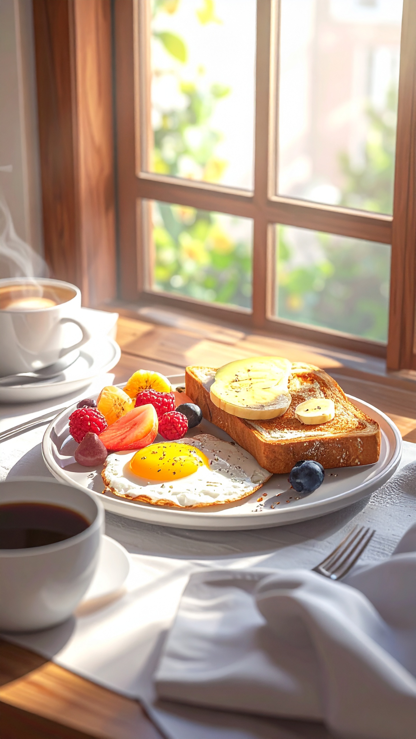 A delicious breakfast spread featuring toast, sunny-side-up eggs, and fresh fruits sits by a sunlit