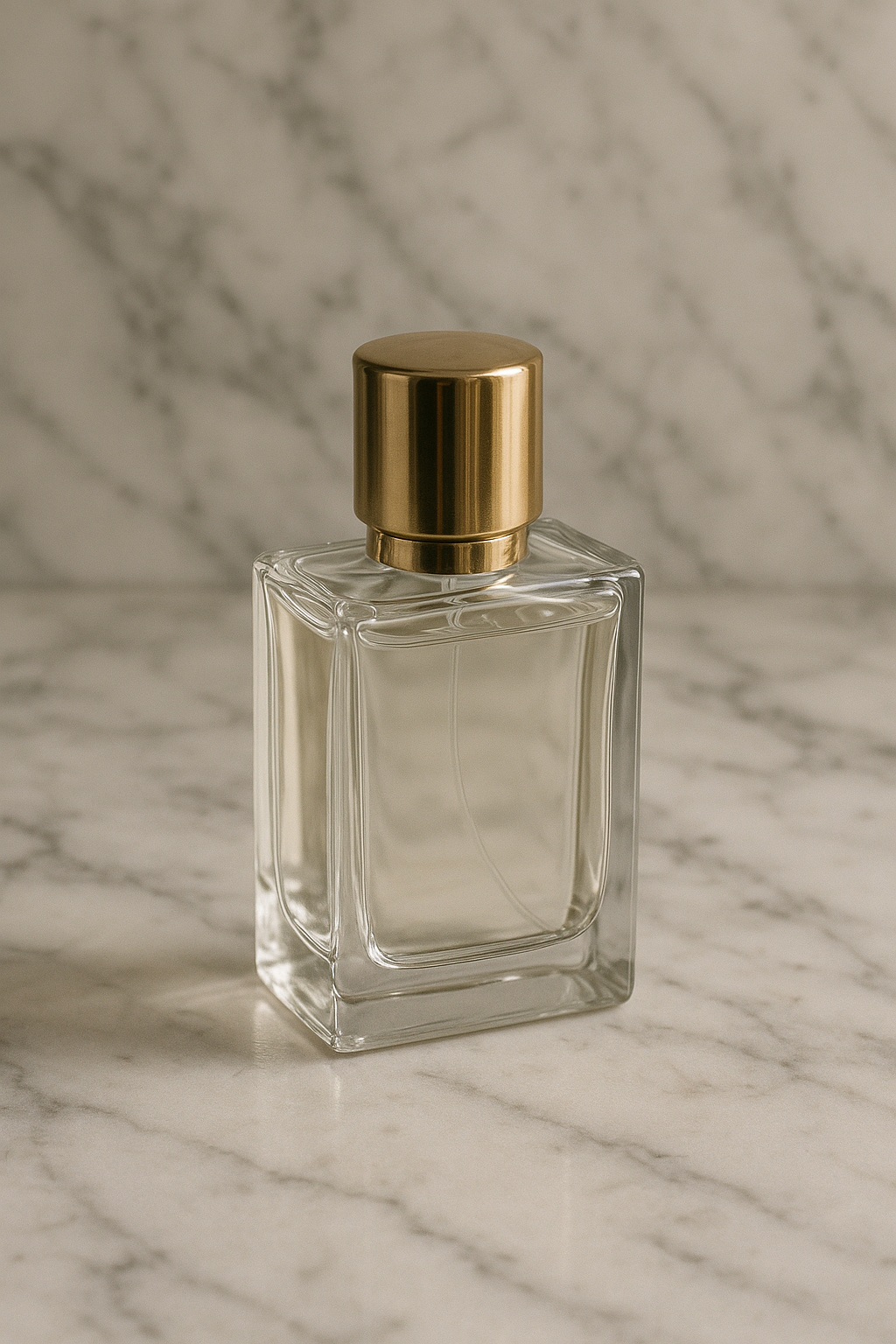 Frasco de perfume transparente com tampa dourada em fundo de mármore cinza claro, destacando linhas suaves e textura polida sob iluminação suave.