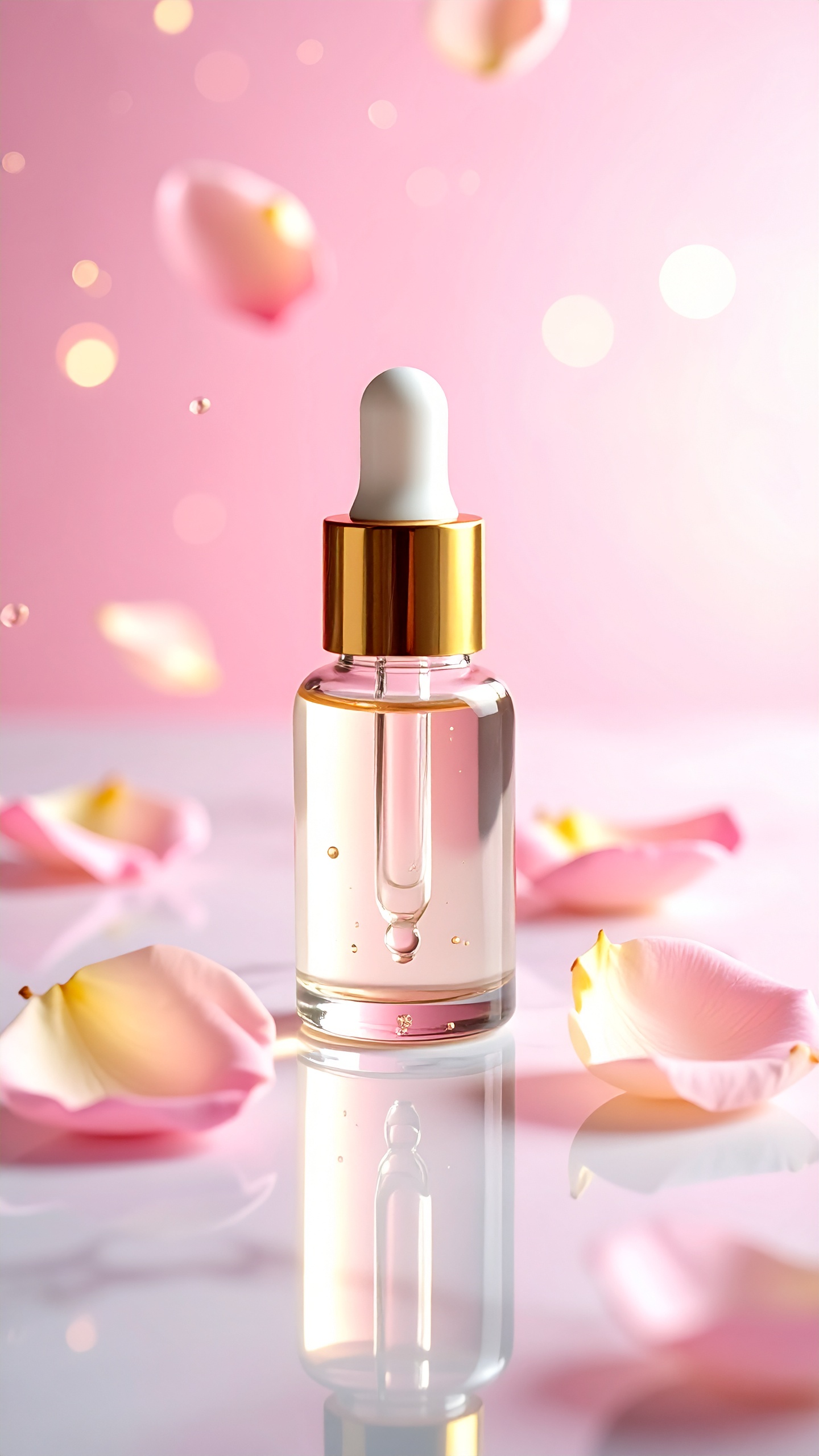 Frasco elegante de sérum com conta-gotas dourado em meio a pétalas de rosa. Ideal para cuidados com a pele, oferecendo hidratação e rejuvenescimento. O fundo rosa suave e as pétalas flutuantes adicionam um toque de delicadeza e luxo. Perfeito para rotinas de beleza noturnas e sessões de spa em casa. Valoriza a experiência sensorial com uma apresentação visual charmosa.