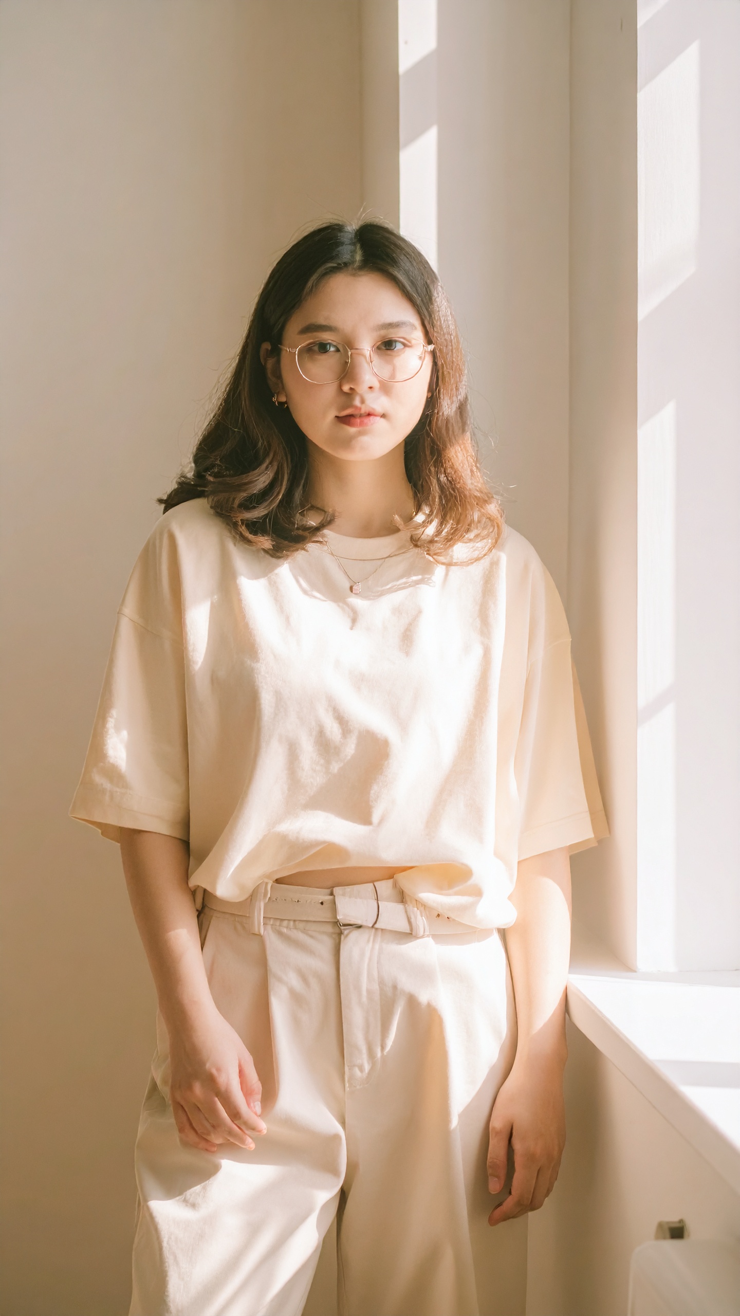 A woman stands in soft natural light wearing a beige outfit, exuding a relaxed yet fashionable vibe