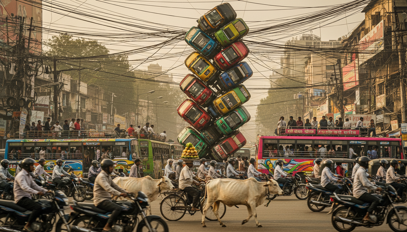 An urban scene featuring a creative art installation of colorful autorickshaws stacked in a precario