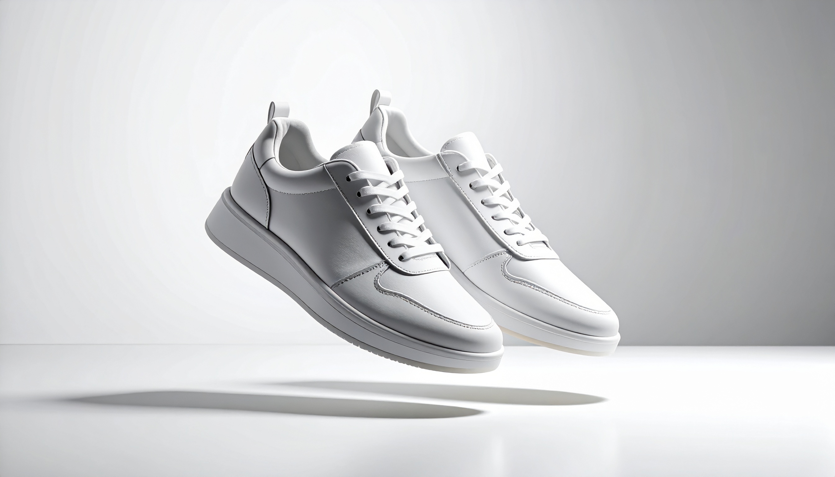 Dois tênis brancos flutuam elegantemente em um fundo claro, enfatizando a estética minimalista e moderna. A iluminação suave destaca os detalhes sutis das costuras e do design, criando uma composição limpa e equilibrada. A perspectiva lateral e o foco preciso conferem uma sensação de leveza e sofisticação ao calçado.