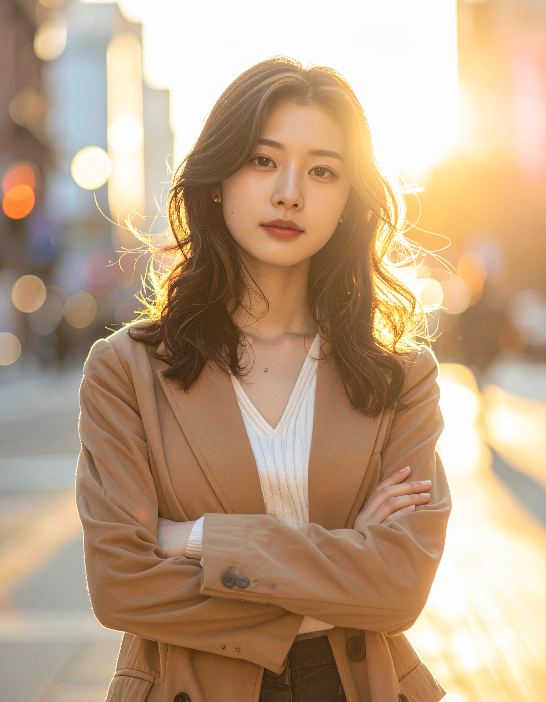 A young woman stands confidently in an urban setting with sunlight behind her