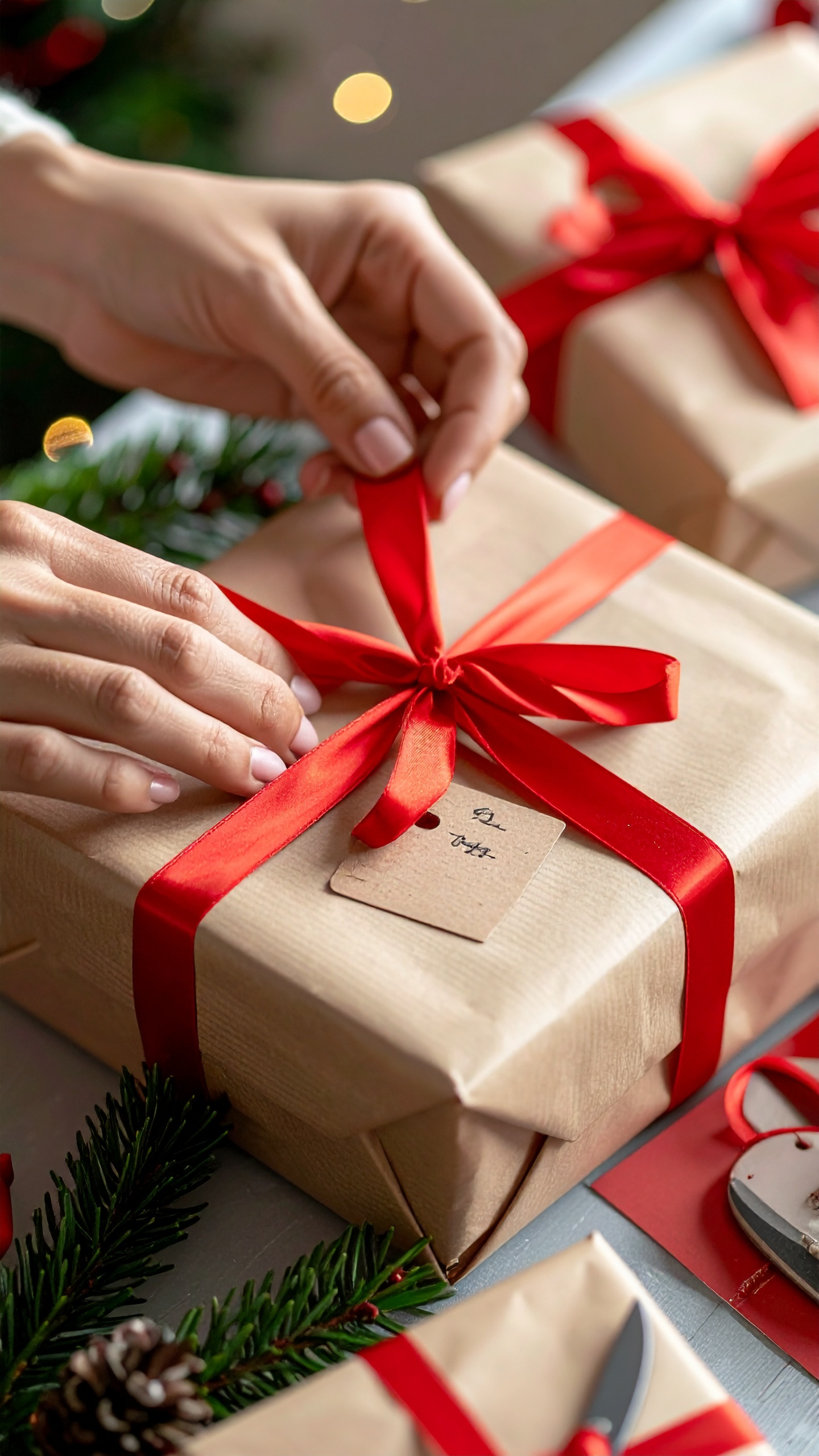 Hands Tying Red Ribbon on Christmas Gift Wrapped in Kraft Paper