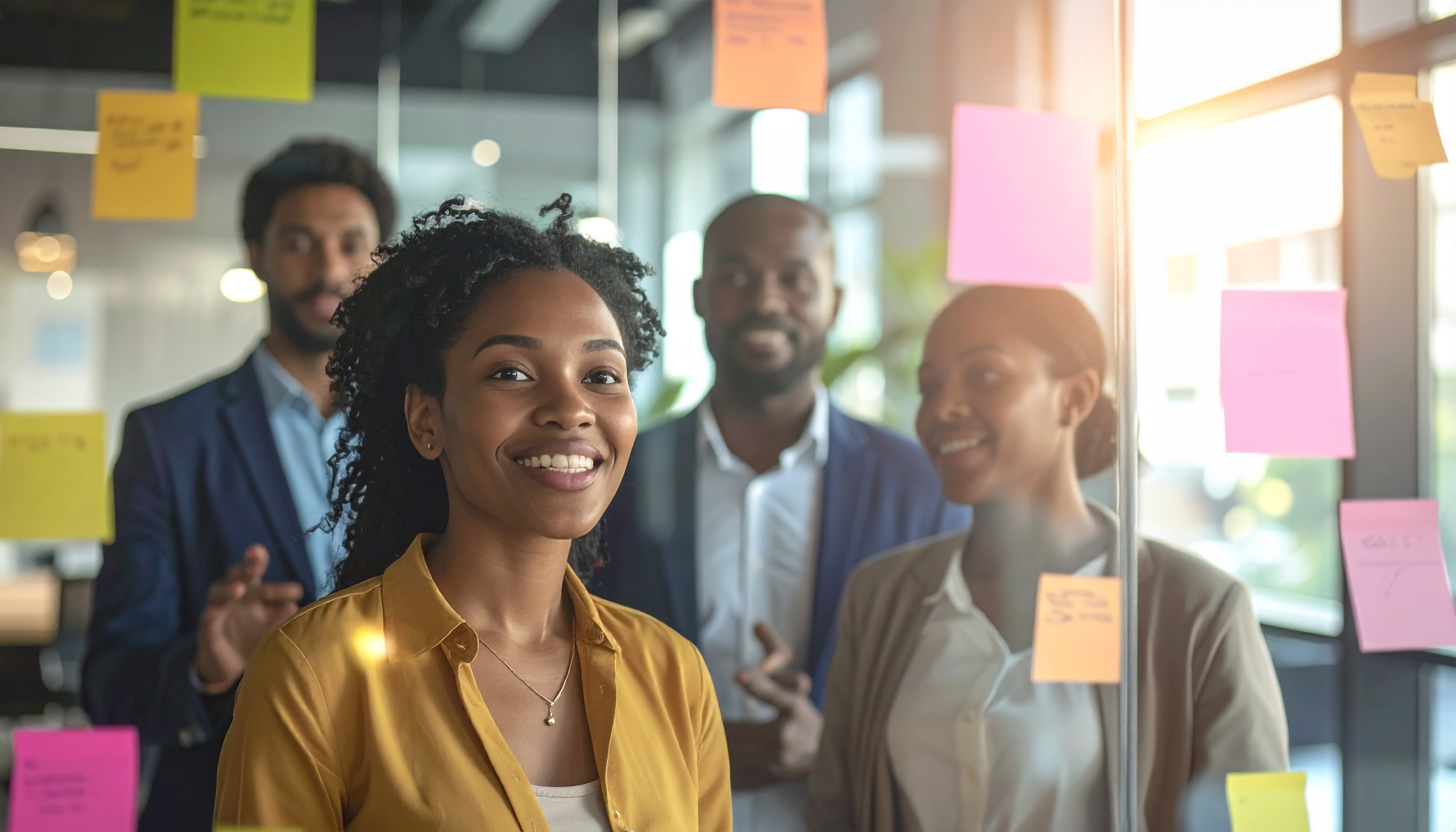 Grupo de jovens profissionais sorrindo e colaborando em um espaço de trabalho moderno com post-its coloridos em um painel de vidro iluminado pelo sol, transmitindo criatividade e inovação.