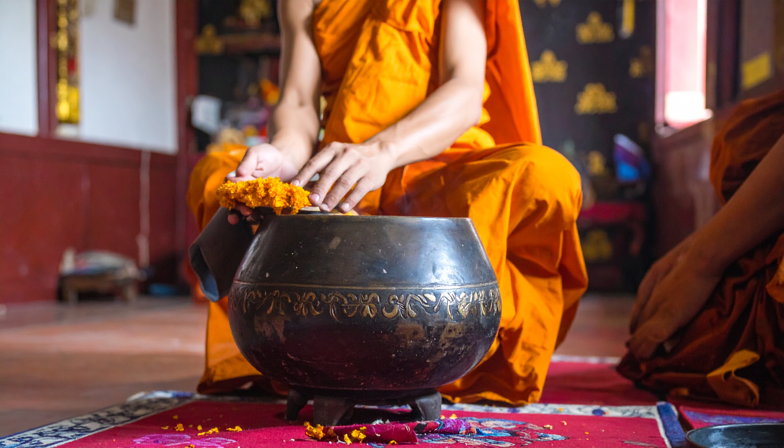 Monge em vestes tradicionais laranja realizando oferenda em um templo. Essa cena é parte de práticas espirituais e religiosas, destacando a importância da meditação e devoção. O detalhe das vestes vibrantes e do pote gravado adiciona um toque autêntico. Ideal para promover o entendimento cultural e espiritual em materiais visuais. A imagem oferece uma visão única sobre a espiritualidade e tradições do Sudeste Asiático.