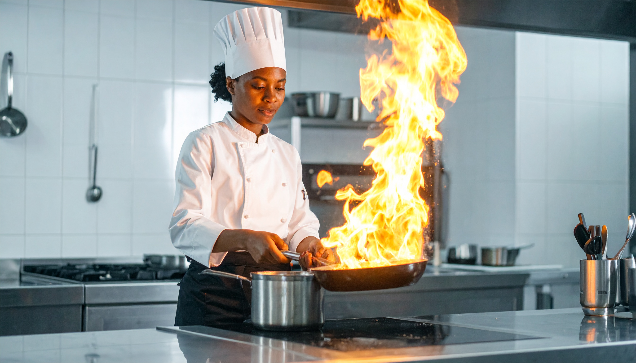 Chef em cozinha profissional realizando flambagem em panela, gerando chamas altas. Ambiente com iluminação clara, fundo de azulejos brancos e utensílios de cozinha. Composição dinâmica com foco no movimento do fogo e expressão concentrada do chef.
