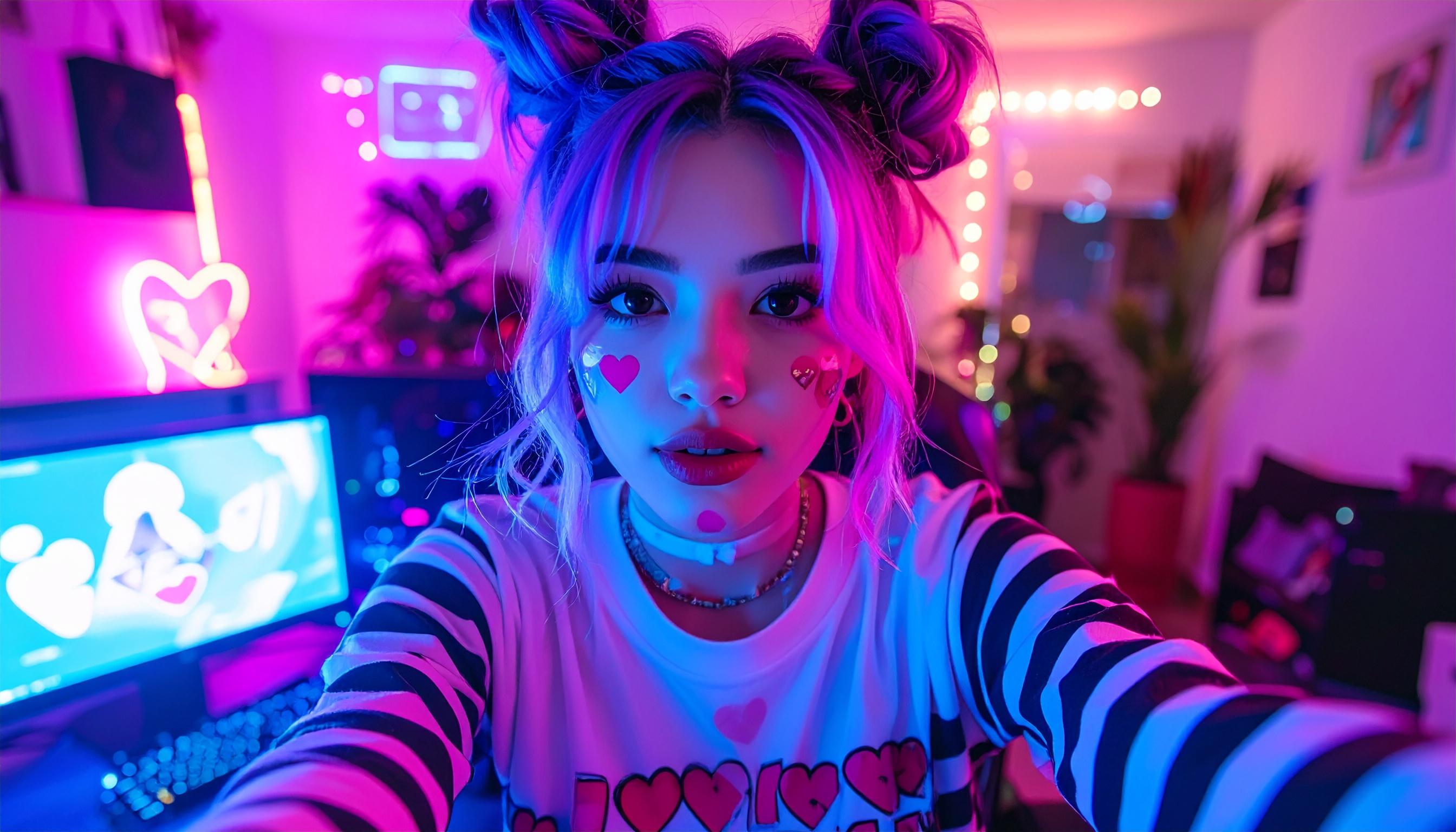 Espaço de streaming iluminado com luzes neon em tons de rosa e azul. Ideal para criadores de conteúdo que buscam um ambiente moderno e envolvente. Detalhes incluem decoração com corações e iluminação suave, perfeita para vídeos e transmissões ao vivo. Ambientes assim são ideais para sessões noturnas de gaming ou gravações de vlogs. A estética colorida e vibrante adiciona um toque de personalidade e estilo único ao espaço.