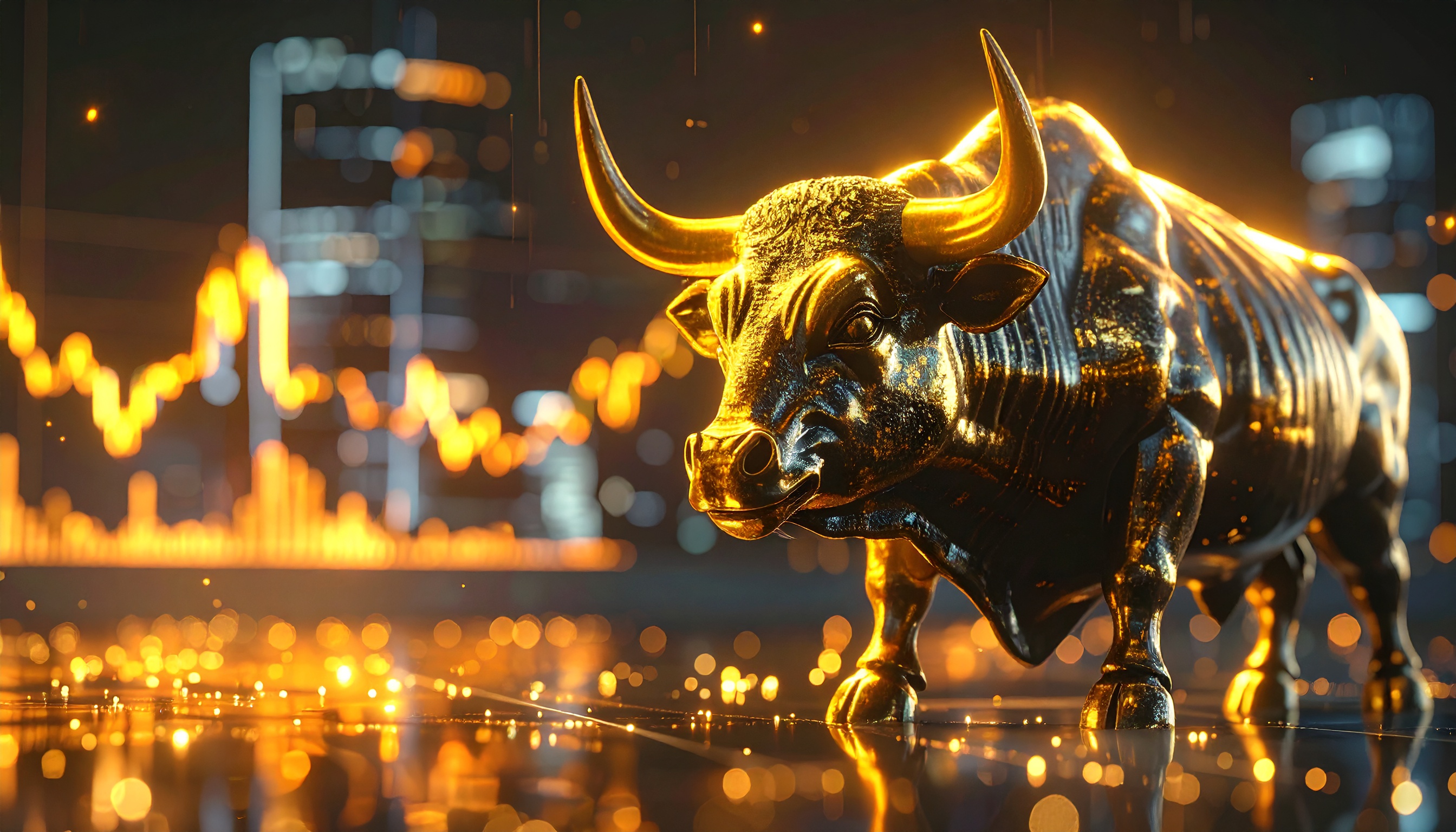 Golden Bull Sculpture with Market Graphs