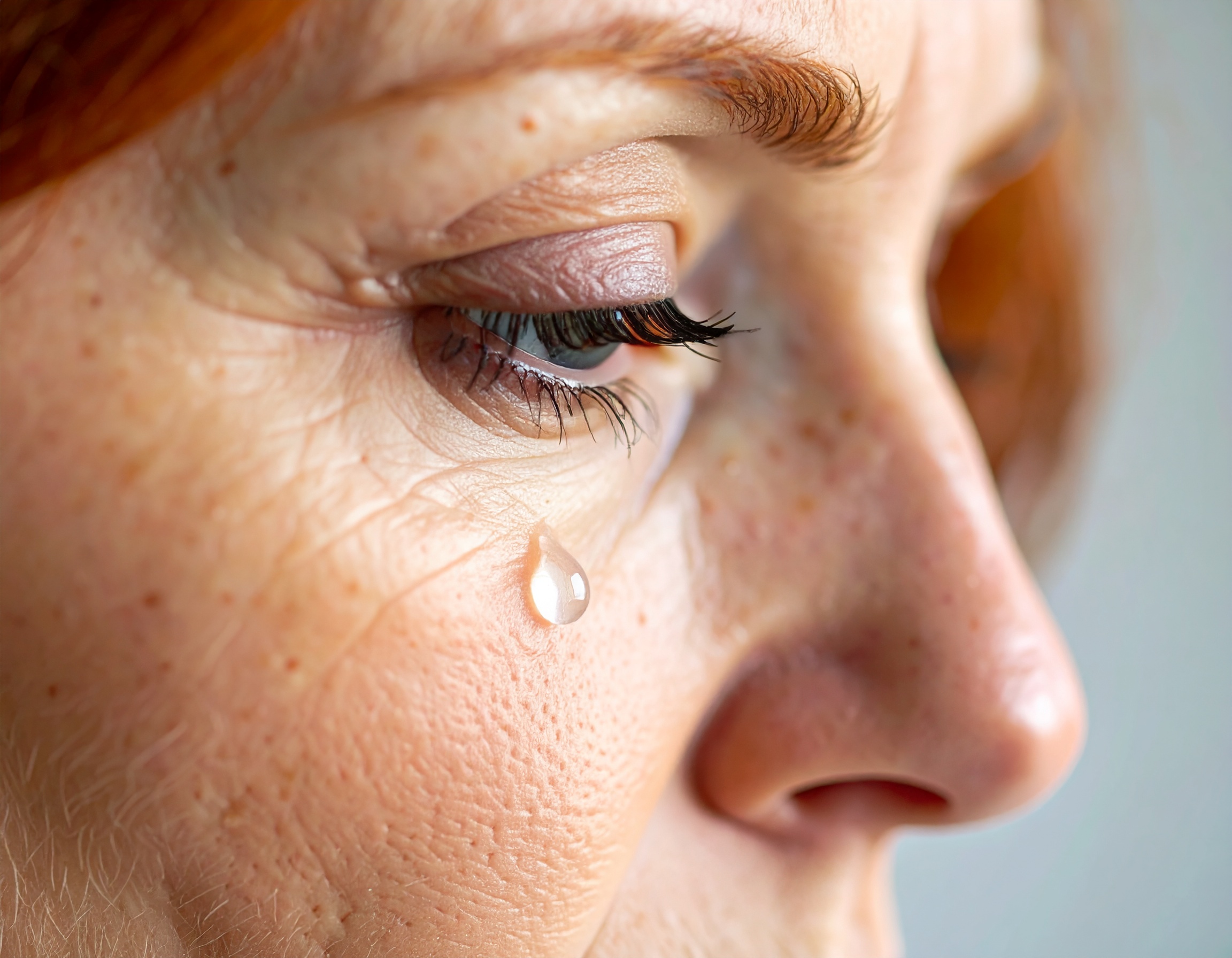 Close-up of a woman's eye with a tear drop on her cheek