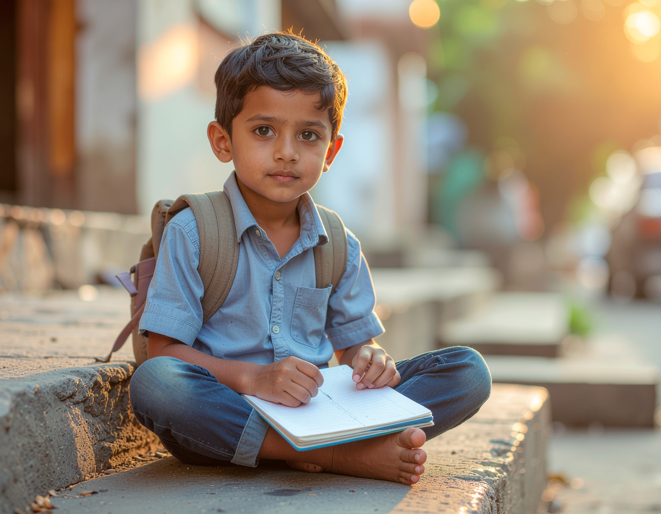 A young child sits on outdoor steps with a notebook in hand, bathed in warm sunlight
