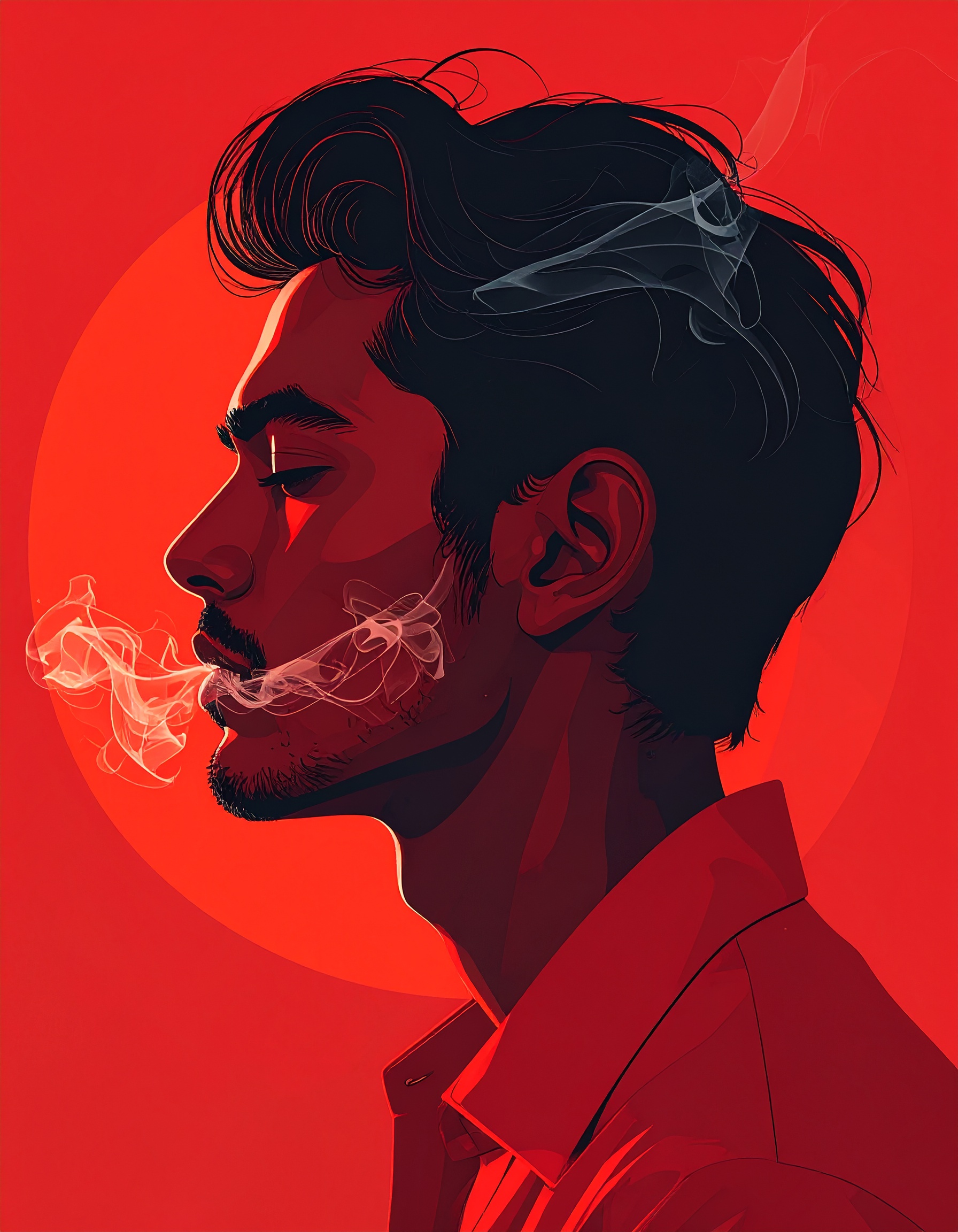 A striking red-toned digital portrait features a man exhaling smoke