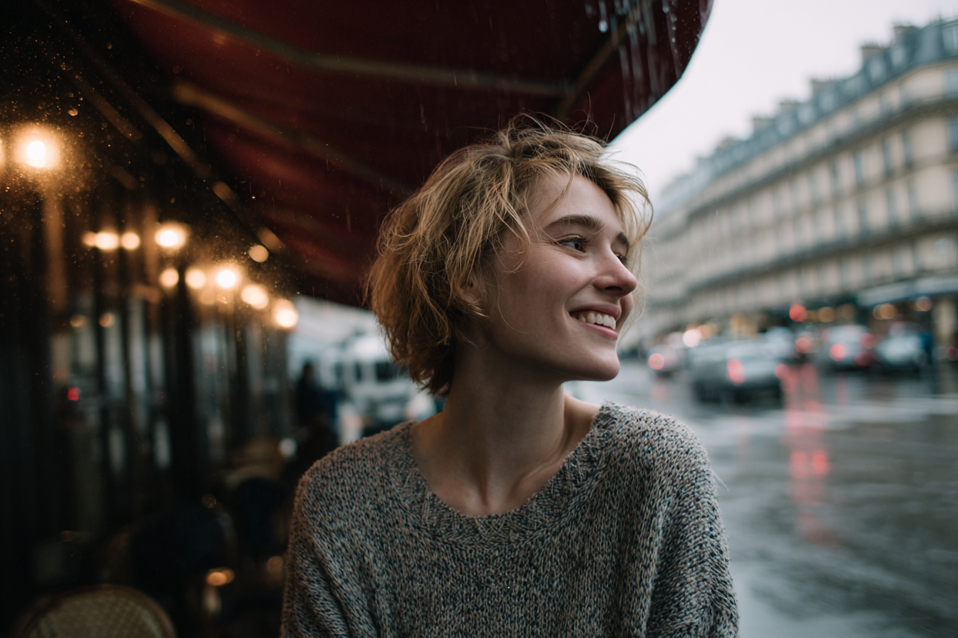 A imagem apresenta uma jovem mulher sorridente, destacando-se em primeiro plano com um suéter de textura suave. O ambiente ao fundo é urbano, com um dia chuvoso, refletindo luzes quentes de um café e o brilho da água na calçada. A paleta de cores é predominantemente fria, com tons de cinza e azul, contrastando com os elementos quentes das luzes.