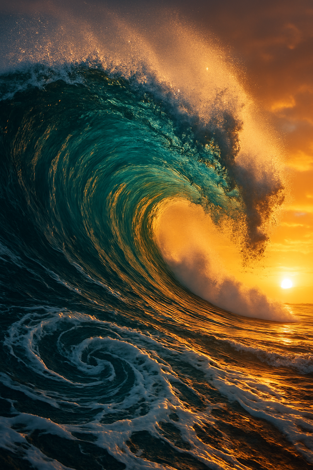 A powerful ocean wave captures the essence of nature's force against a sunset backdrop