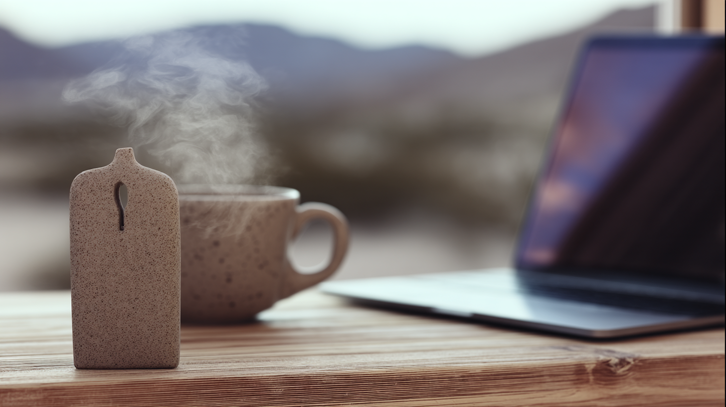 Cena de mesa de madeira com difusor de cerâmica e caneca de café, envoltos em vapor suave, ao lado de laptop desfocado. O fundo apresenta um cenário montanhoso, com iluminação natural suave e composição minimalista. A profundidade de campo é rasa, destacando os objetos em primeiro plano.