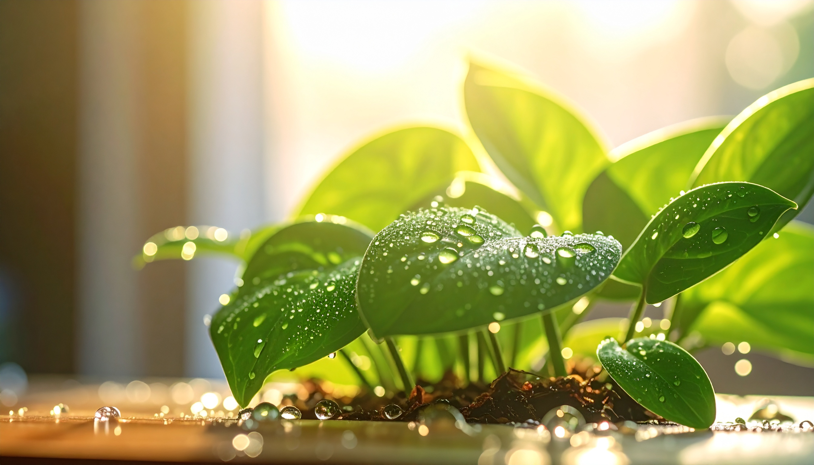Bright Green Leaves with Water Drops in Soft Sunlight