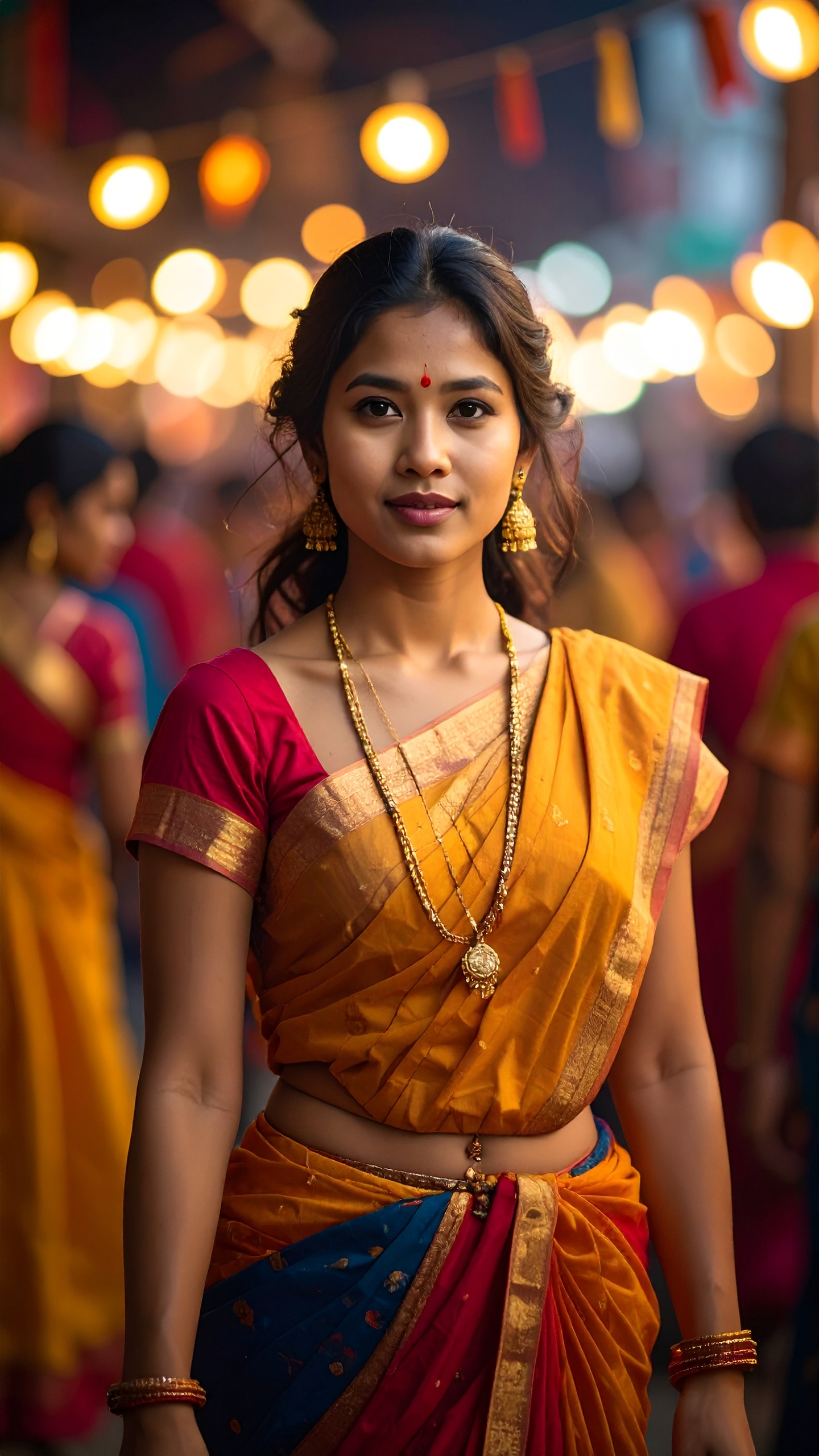 Mulher em traje tradicional indiano, destacando-se em um ambiente festivo e iluminado. Ideal para ocasiões especiais, como festivais ou celebrações culturais, valorizando a herança e estilo. O sari em tons vibrantes de laranja e azul, combinado com joias elegantes, cria um visual marcante e autêntico. Esse tipo de vestimenta é frequentemente usado em eventos culturais na Índia. A combinação de cores e detalhes sofisticados adiciona um toque de elegância e tradição.