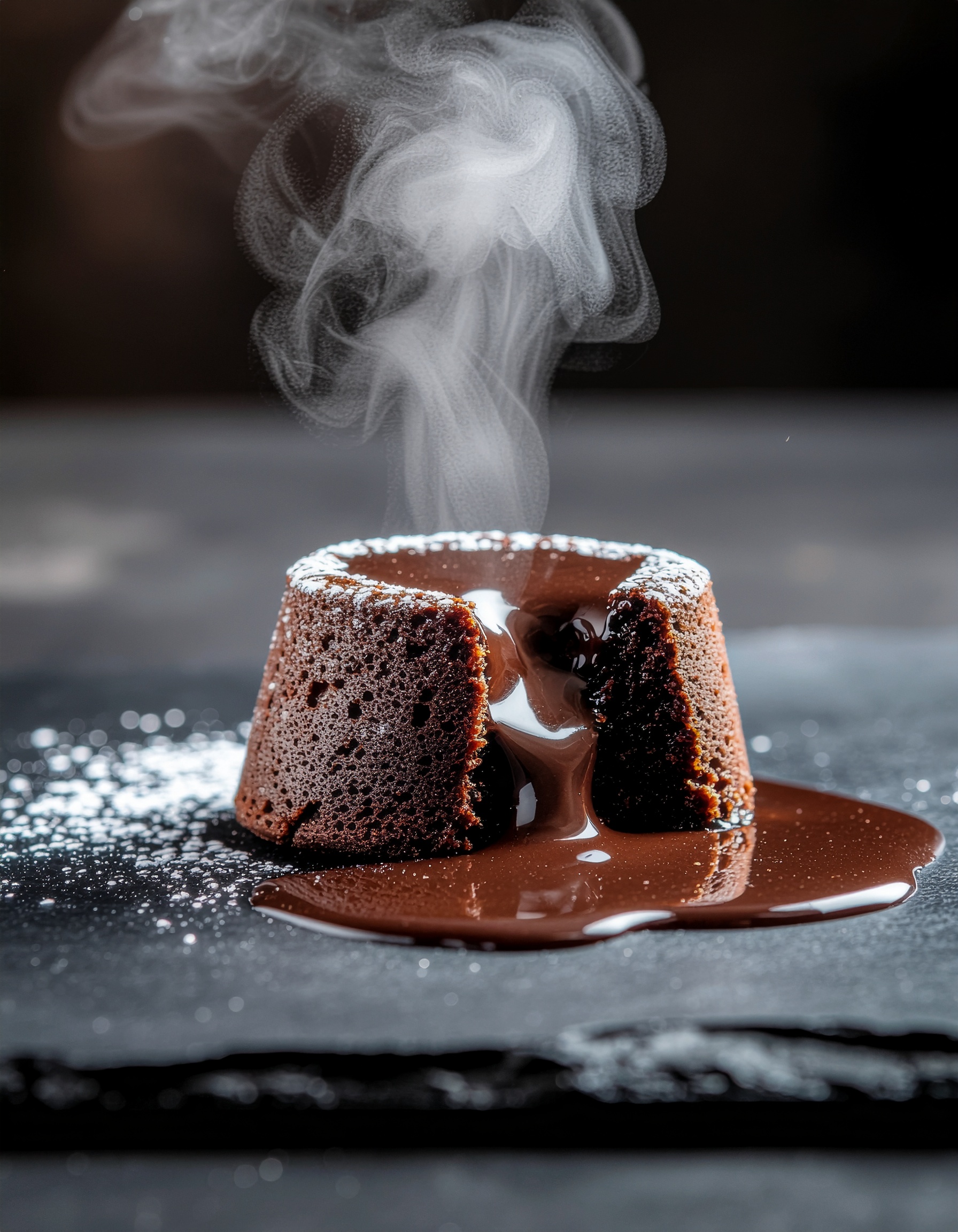 Delicioso petit gâteau de chocolate com recheio derretido escorrendo, em prato escuro, com vapor suave subindo, criando uma atmosfera quente e aconchegante. A iluminação destaca a textura do bolo e o brilho do chocolate, enquanto o fundo desfocado adiciona profundidade à composição.