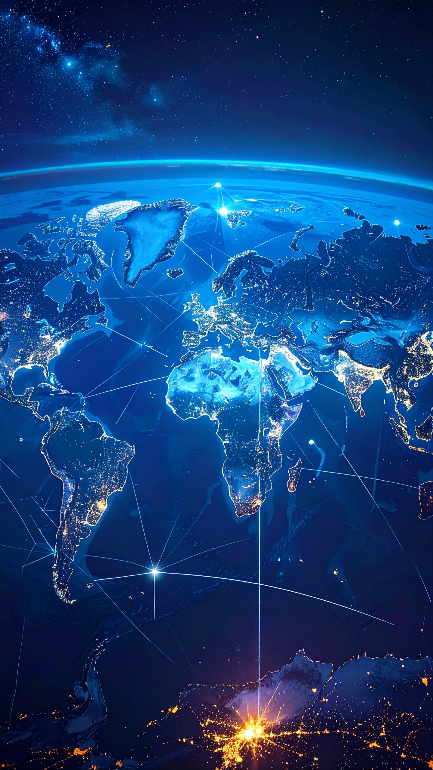 Imagem deslumbrante da Terra iluminada à noite, vista do espaço, revelando continentes repletos de luzes conectadas. A composição destaca linhas de conexão luminosas simbolizando redes globais. O fundo estrelado e a luz azul criam uma atmosfera futurista, enquanto a curvatura da Terra sugere profundidade e vastidão.