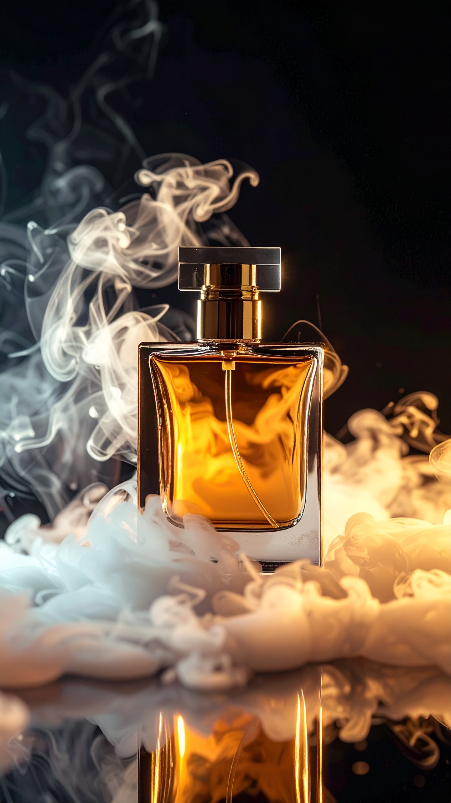 Elegant Gold Perfume Bottle with Dramatic Smoke Background