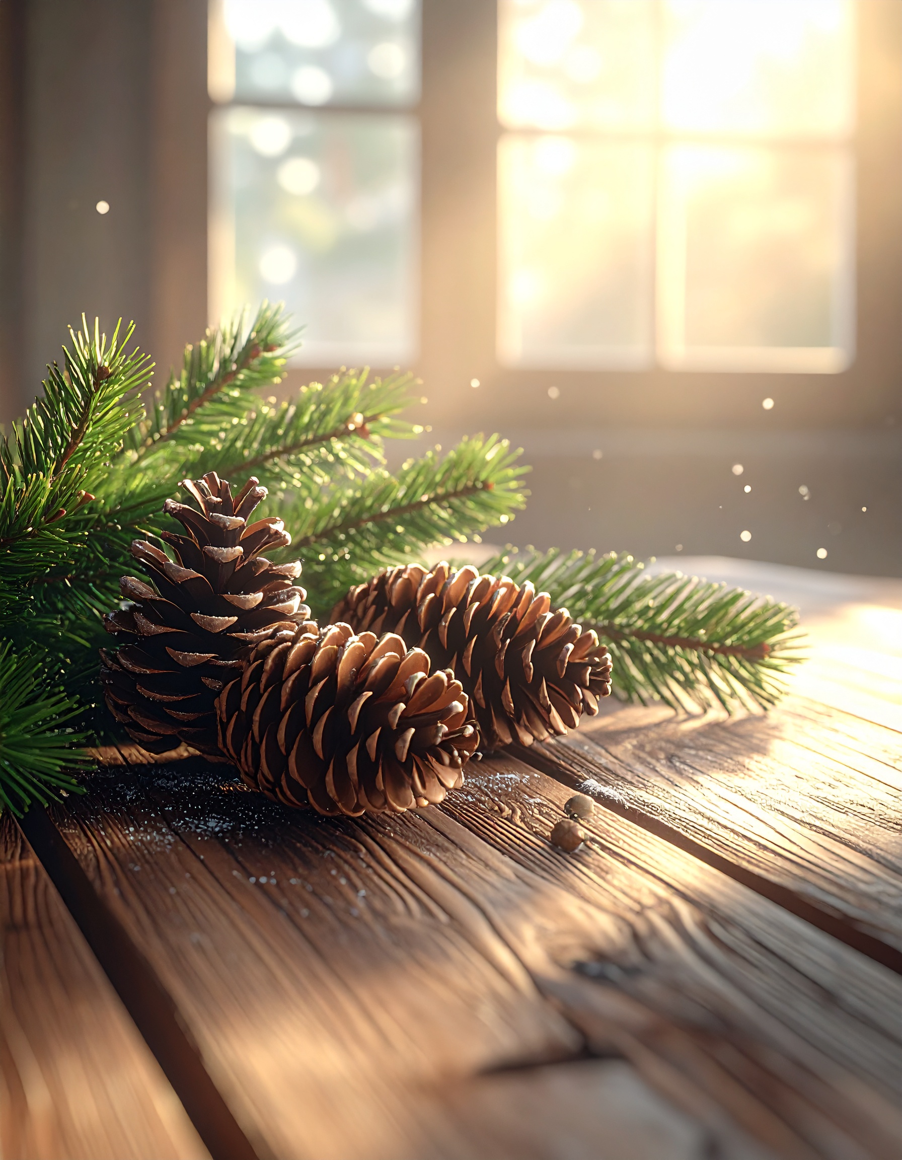 Pine Cones on Rustic Wooden Table