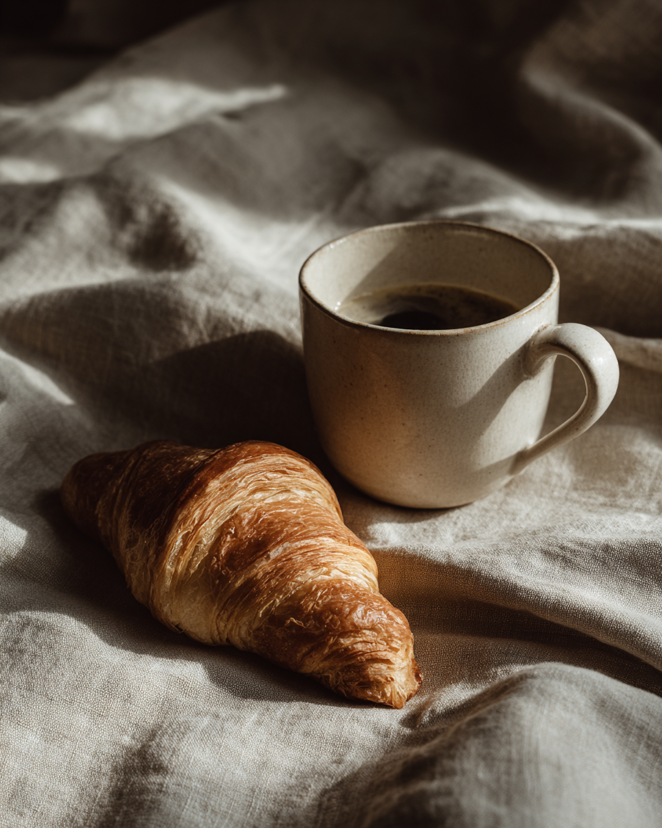 A imagem apresenta um croissant dourado ao lado de uma xícara de café sobre um tecido amassado. A luz suave ilumina os elementos, criando sombras e destacando as texturas.